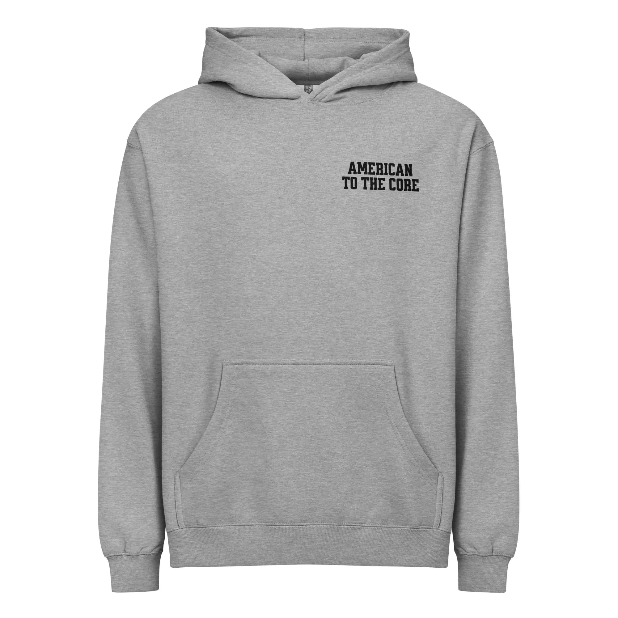 Men's carbon grey patriotic hoodie with "American to the core" text