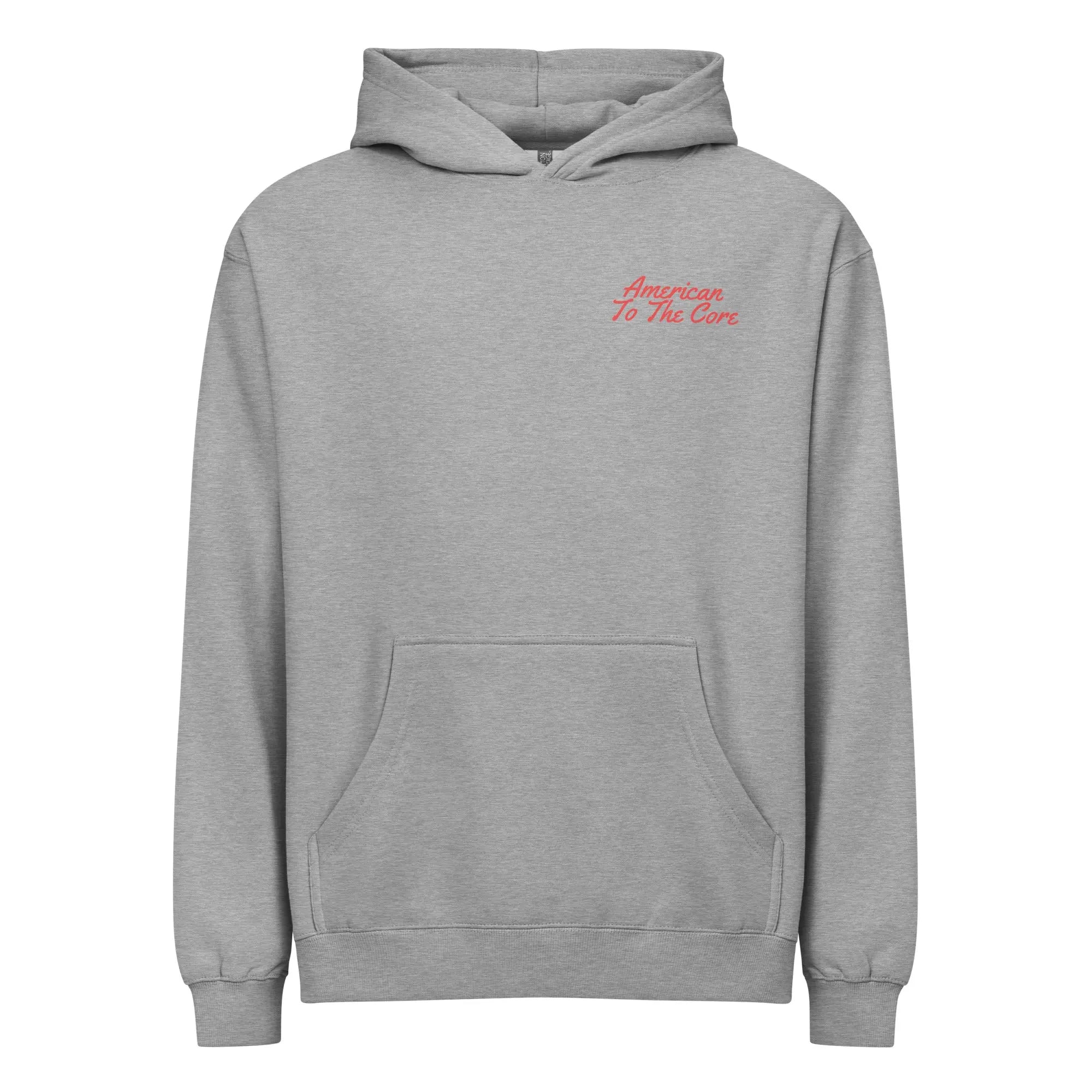 Men's carbon grey patriotic hoodie with "American to the core" text. 