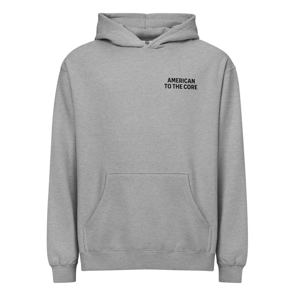 Men's carbon grey patriotic hoodie with "American to the core" text 