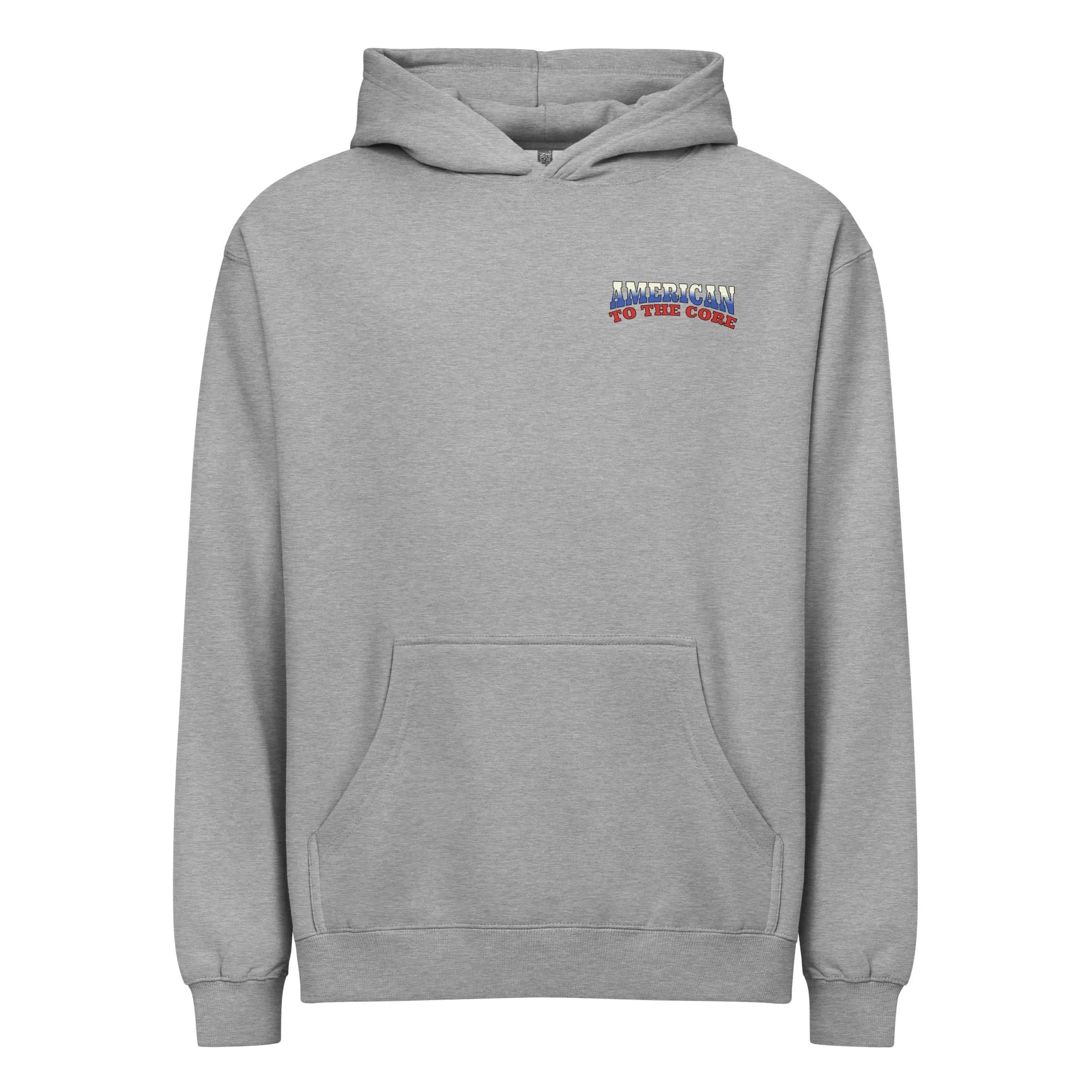 Men's carbon grey patriotic hoodie with "American to the core" text in Red, white and blue