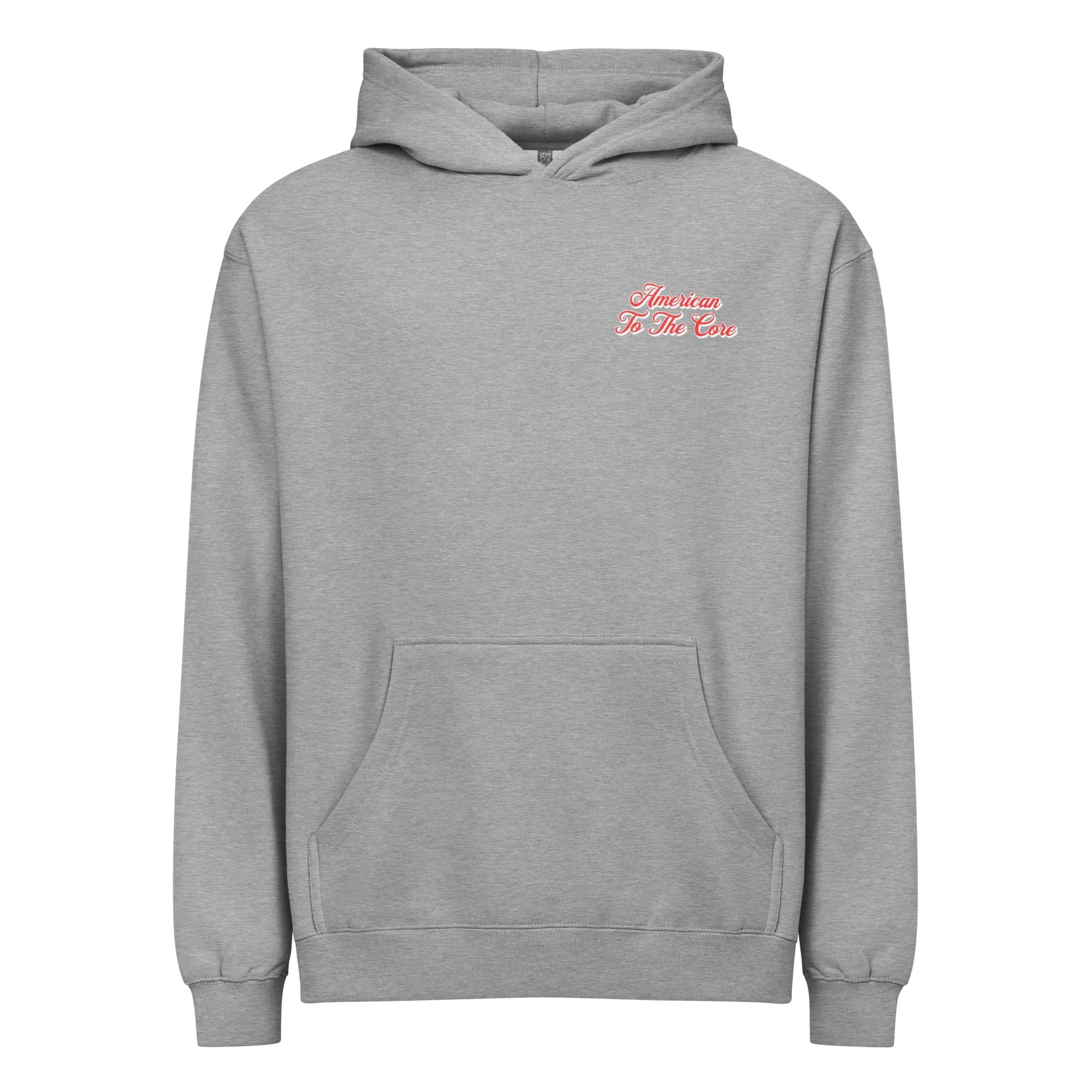 Men's carbon grey patriotic hoodie with "American to the core" text