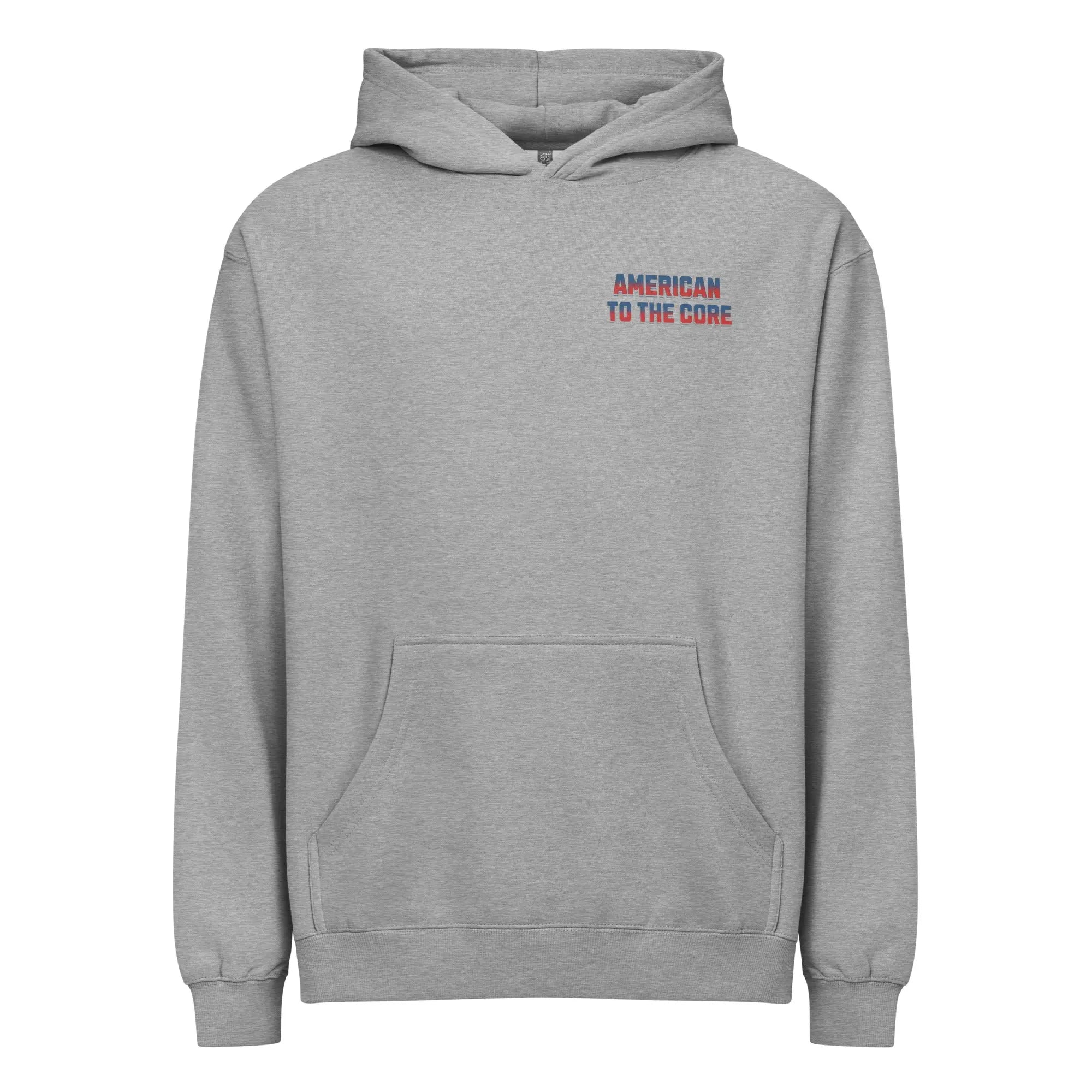 Men's carbon grey patriotic hoodie with "American To The Core" text in red and blue.