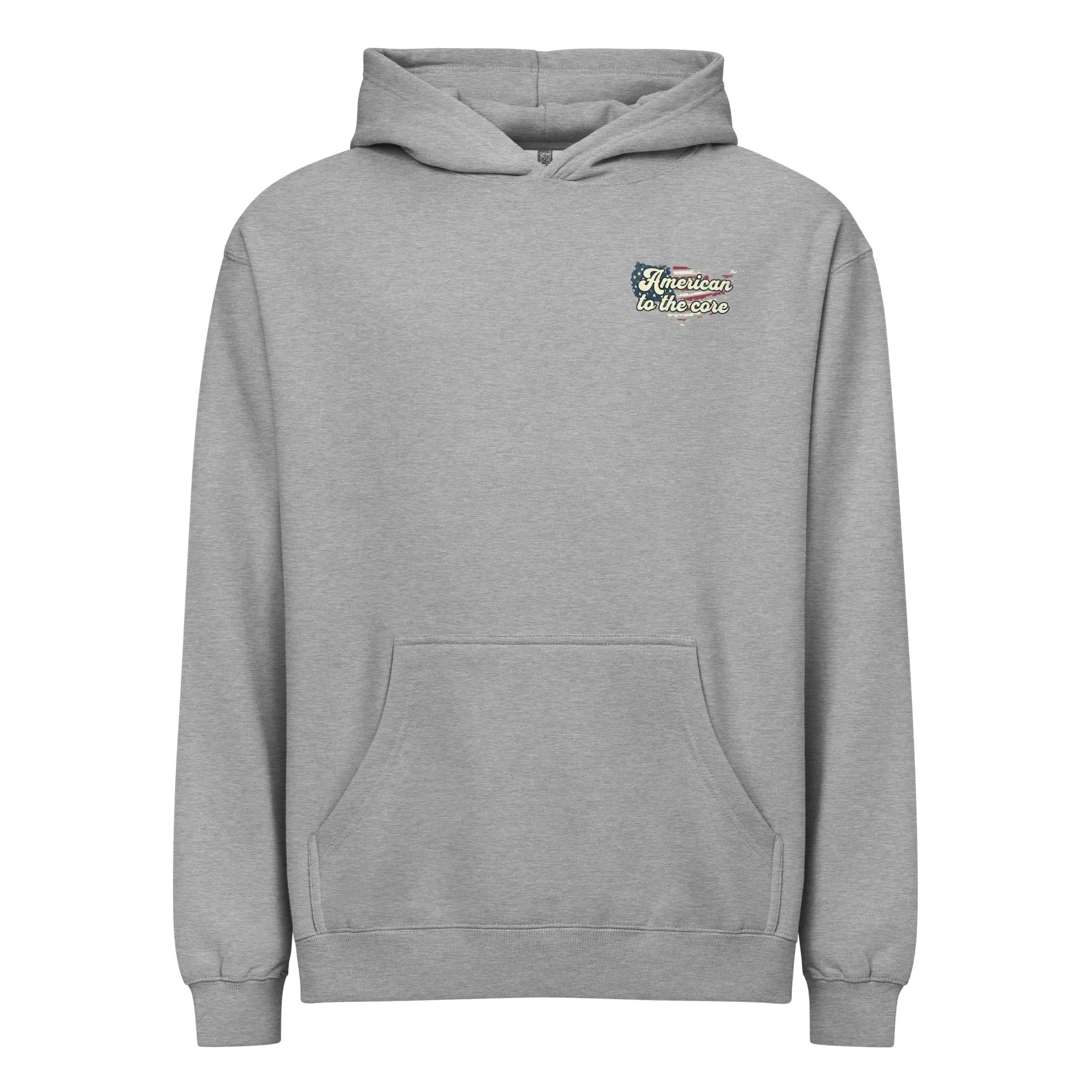 Men's carbon grey patriotic hoodie with "American to the core" text