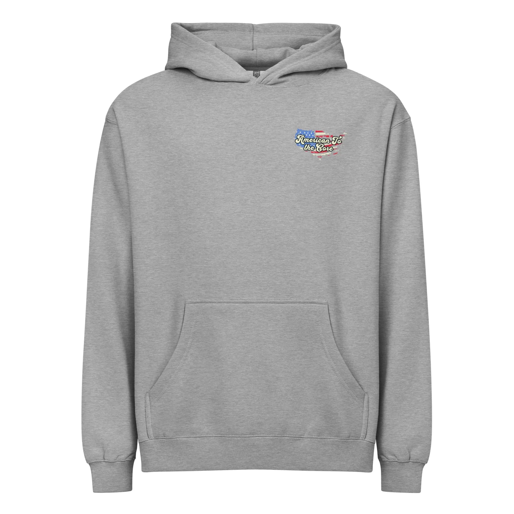 Men's Carbon grey patriotic hoodie with "America to the core" text