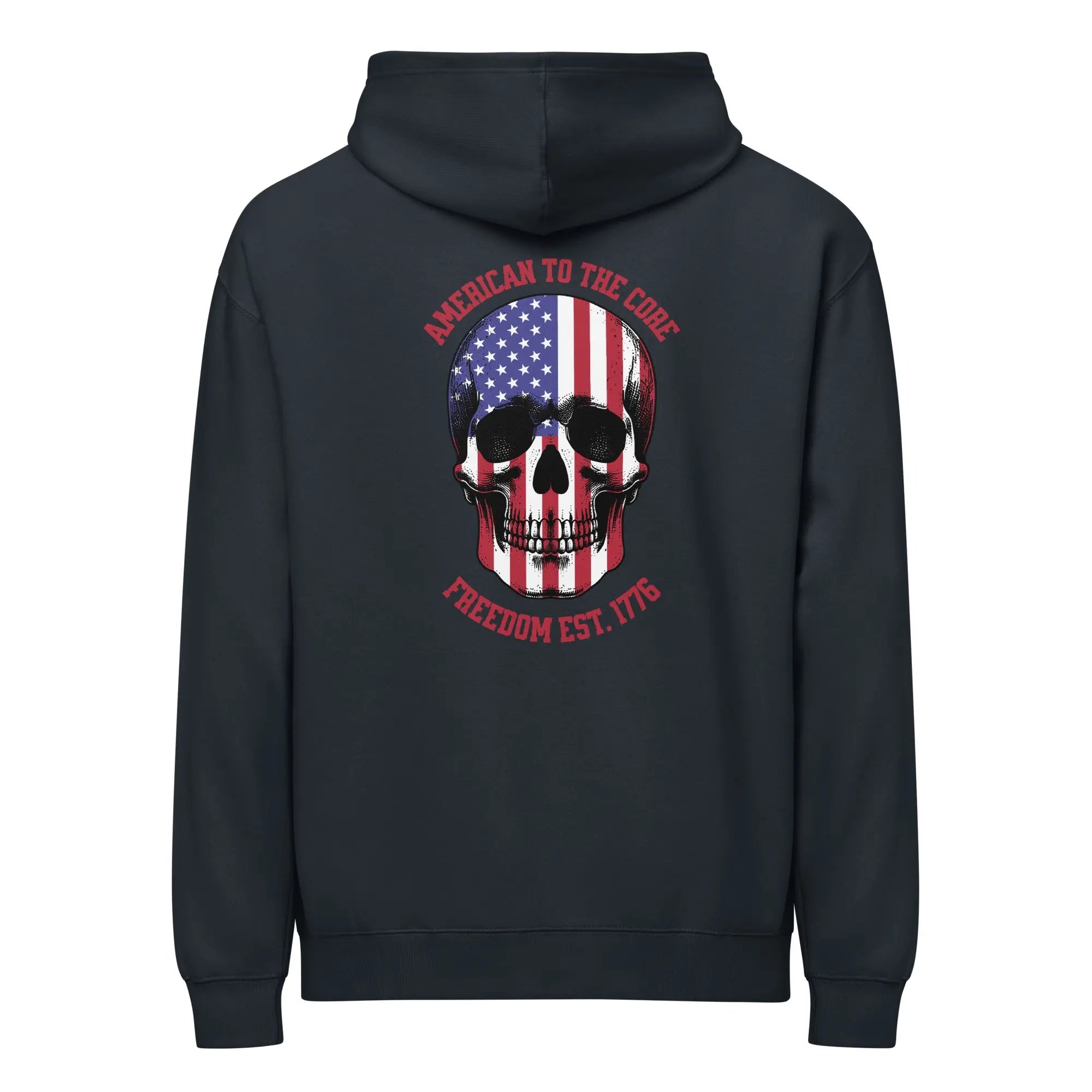 Back of a men's navy patriotic hoodie with a skull and the text "American to the core. Freedom EST. 1776." 