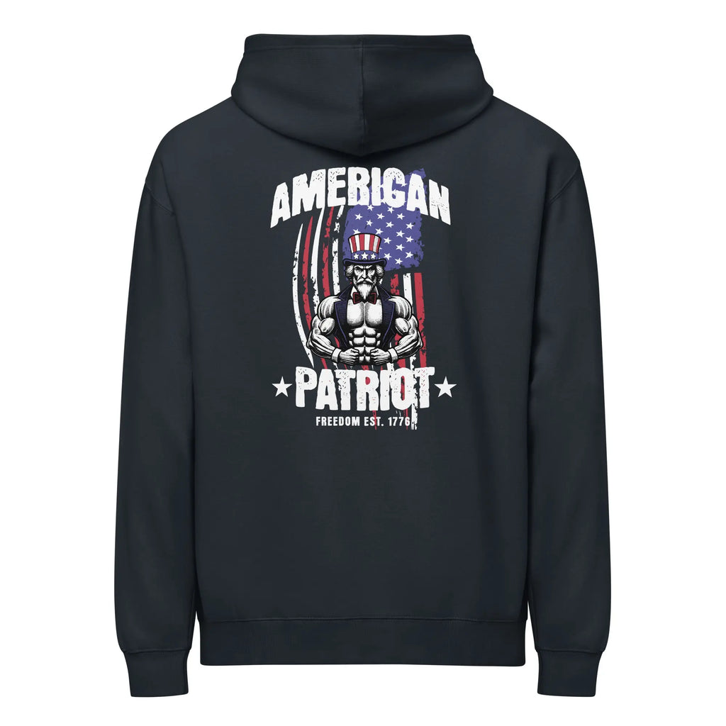 Back of men's navy patriotic hoodie with uncle Sam and the text "American patriot" 