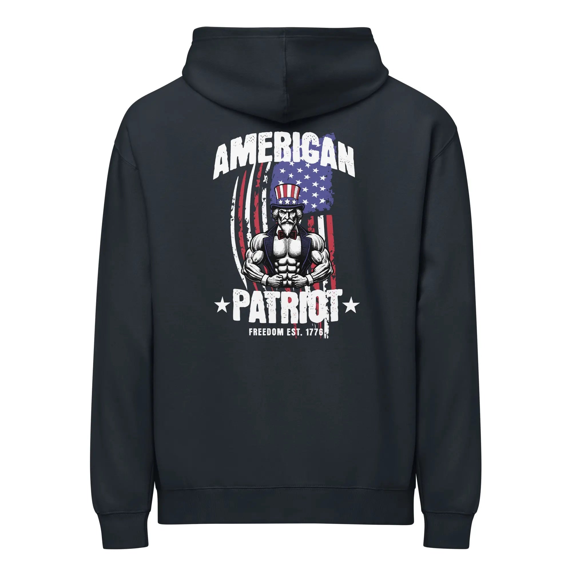 Back of men's navy patriotic hoodie with uncle Sam and the text "American patriot" 