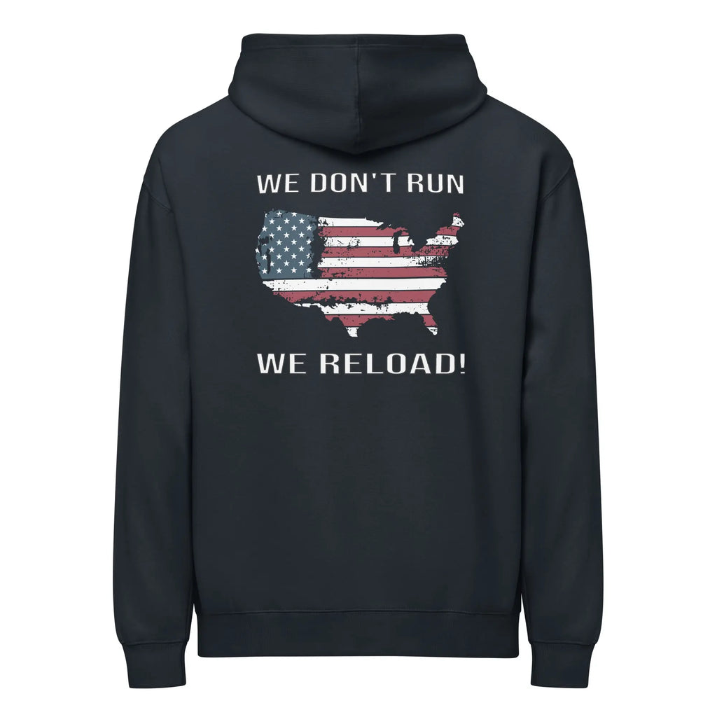 Back of men's navy patriotic hoodie with a silhouette of America with the flag in it and the text "We don't run, we reload." 