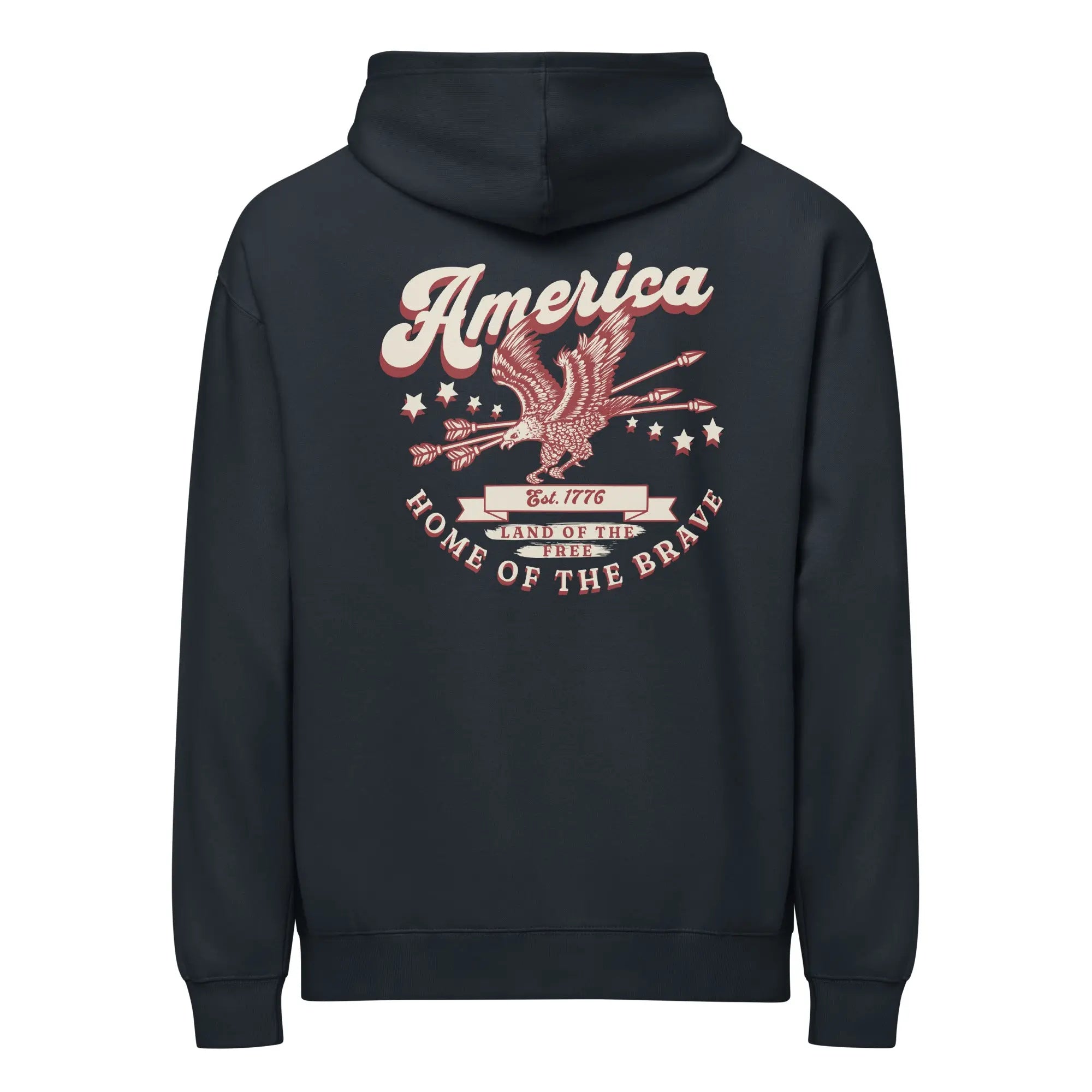 Back of men's navy patriotic hoodie with an eagle and the text "America: home of the brave." 