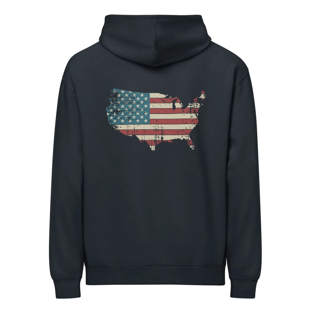 Back of men's navy patriotic hoodie with the silhouette of America with the flag in it. 