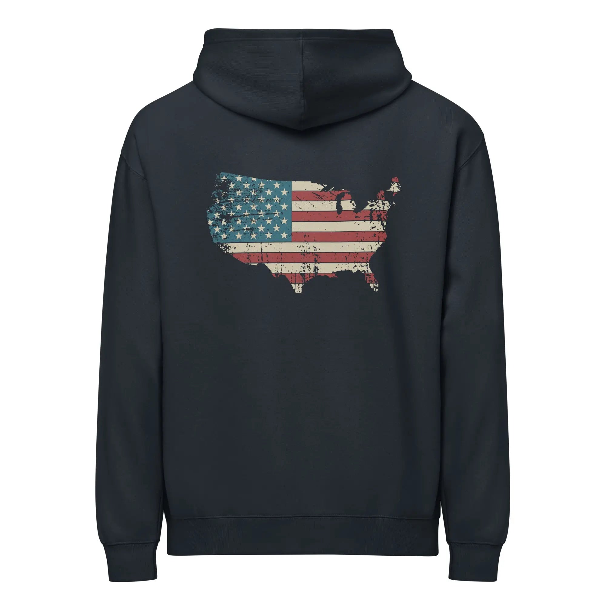 Back of men's navy patriotic hoodie with the silhouette of America with the flag in it. 