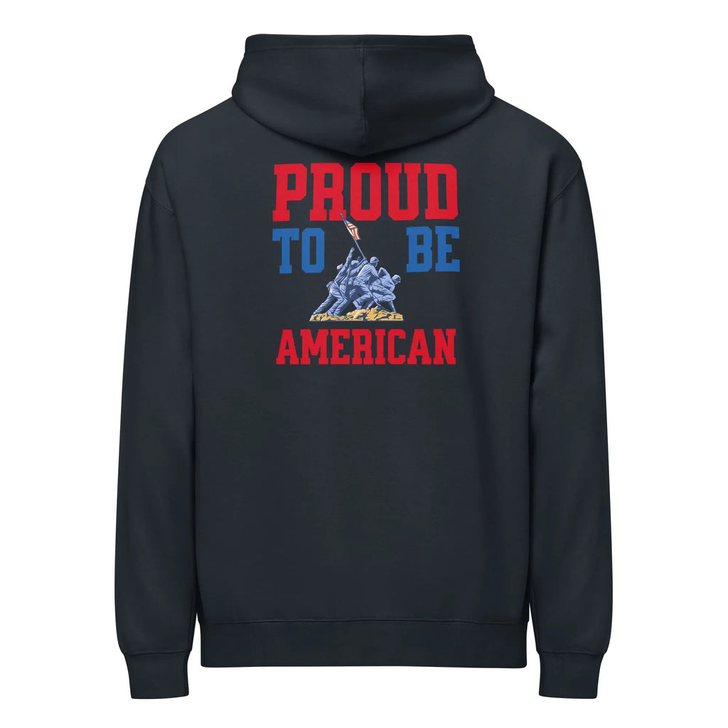 Back of men's navy patriotic hoodie with soldiers raising the flag and the text "Home of the free because of the brave." 