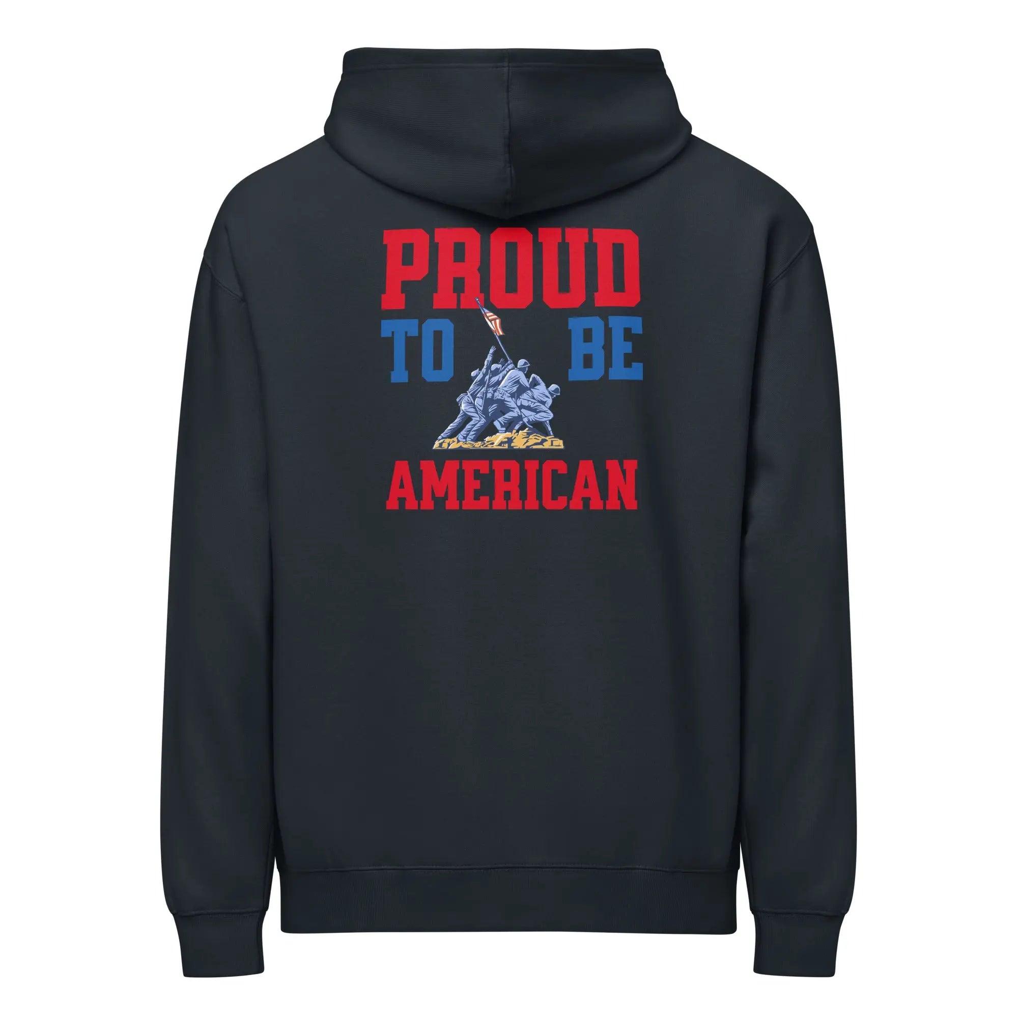 Back of men's navy patriotic hoodie with soldiers raising the flag and the text "Home of the free because of the brave." 