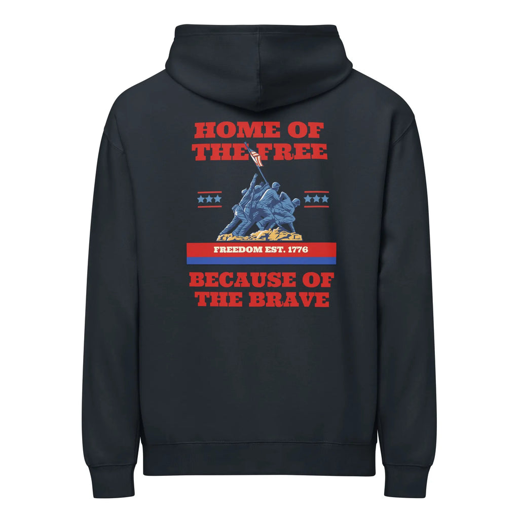 Back of navy patriotic hoodie with soldiers raising the flag and "Home of the free because of the brave" text. 