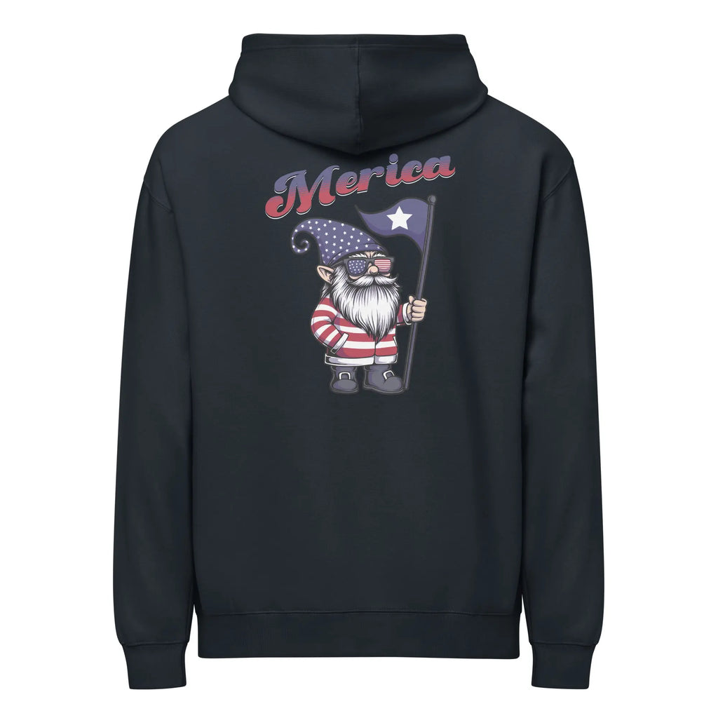 Back of men's navy patriotic hoodie with a Gnome and "Merica" text