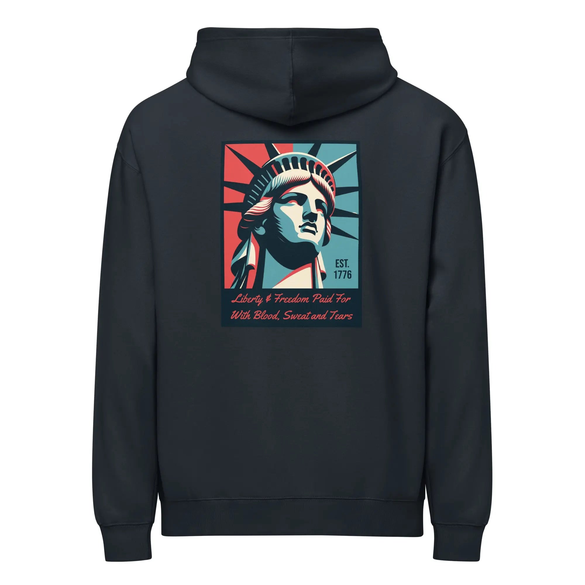 Back of men's navy patriotic hoodie with Statue of Liberty with text below. 