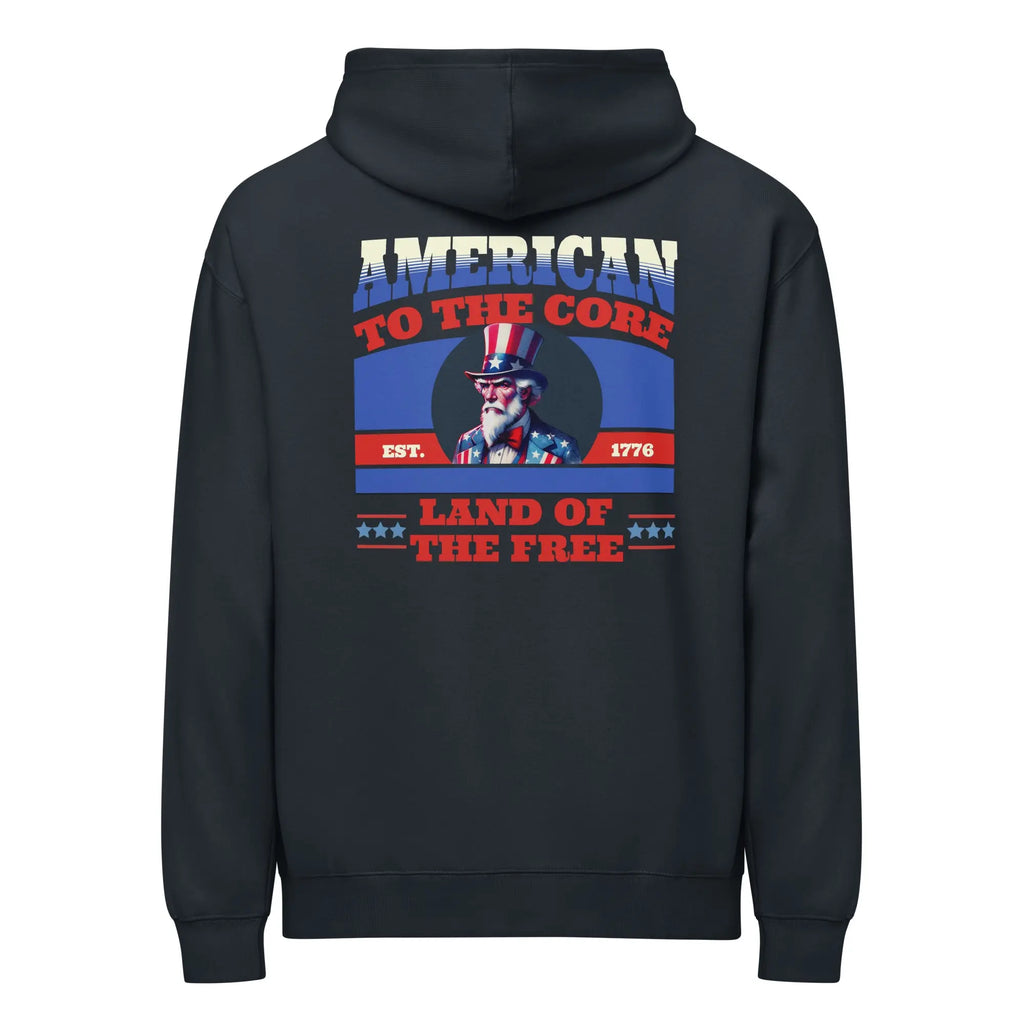 Men's navy patriotic hoodie with uncle Sam and "land of the free" text 