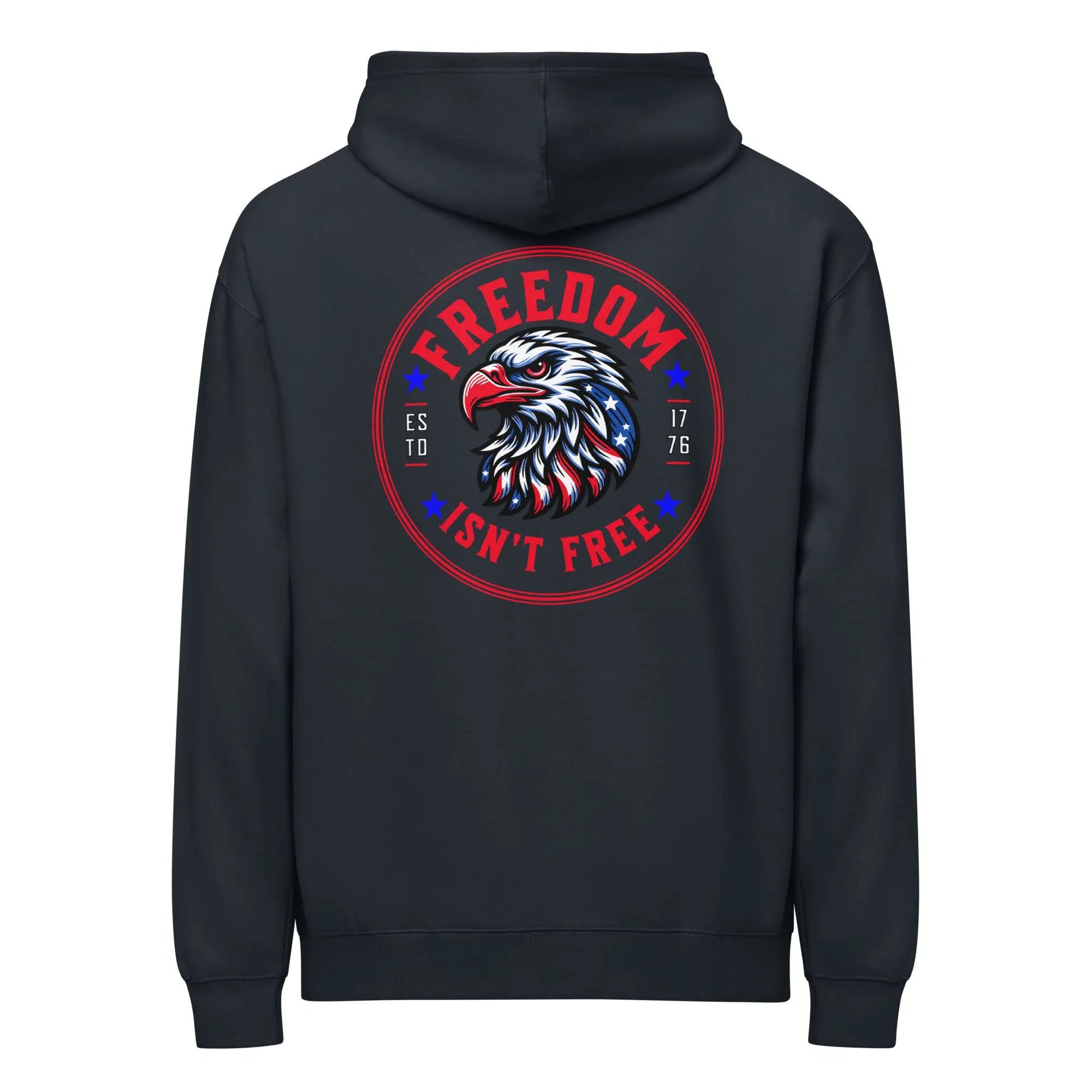 Back of men's navy patriotic hoodie with an eagle head and "Freedom isn't free" text