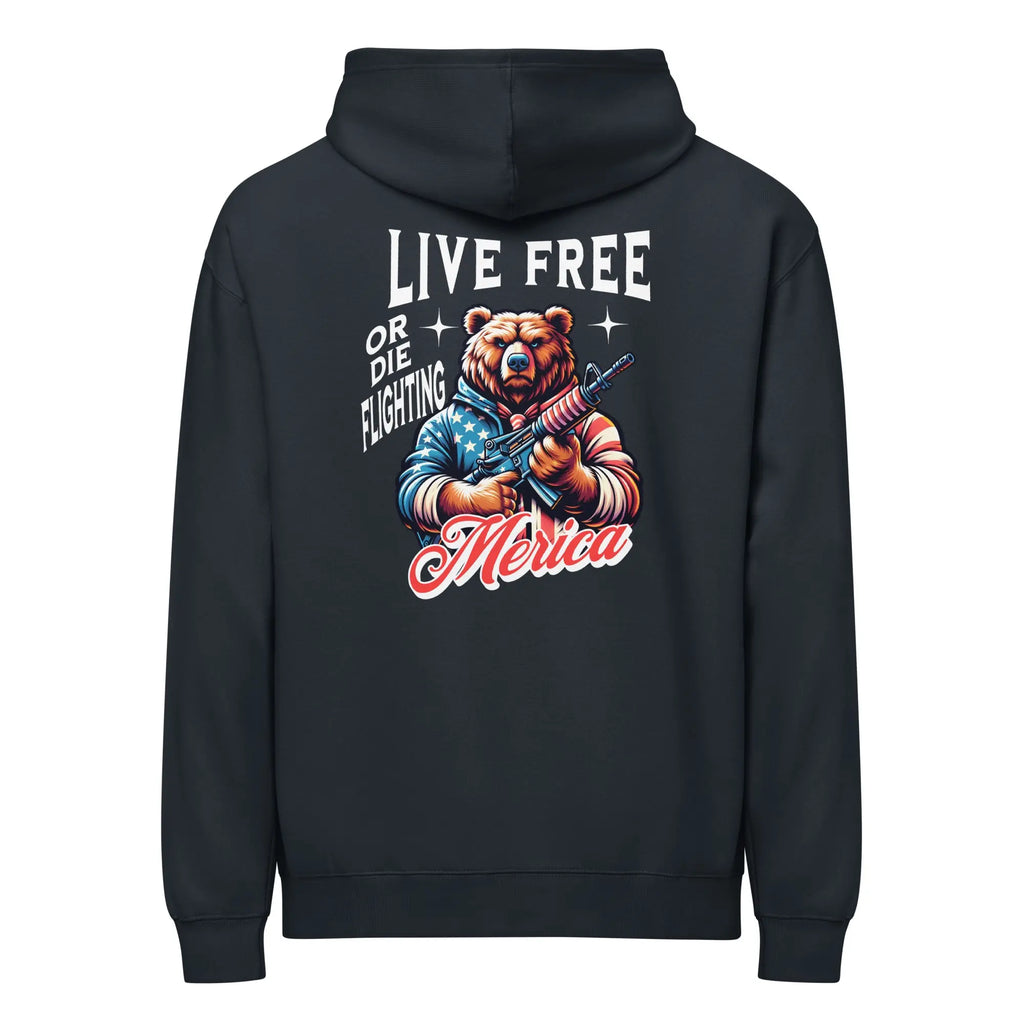 Back of men's navy patriotic hoodie with a bear holding a gun and "live free or die fighting" text