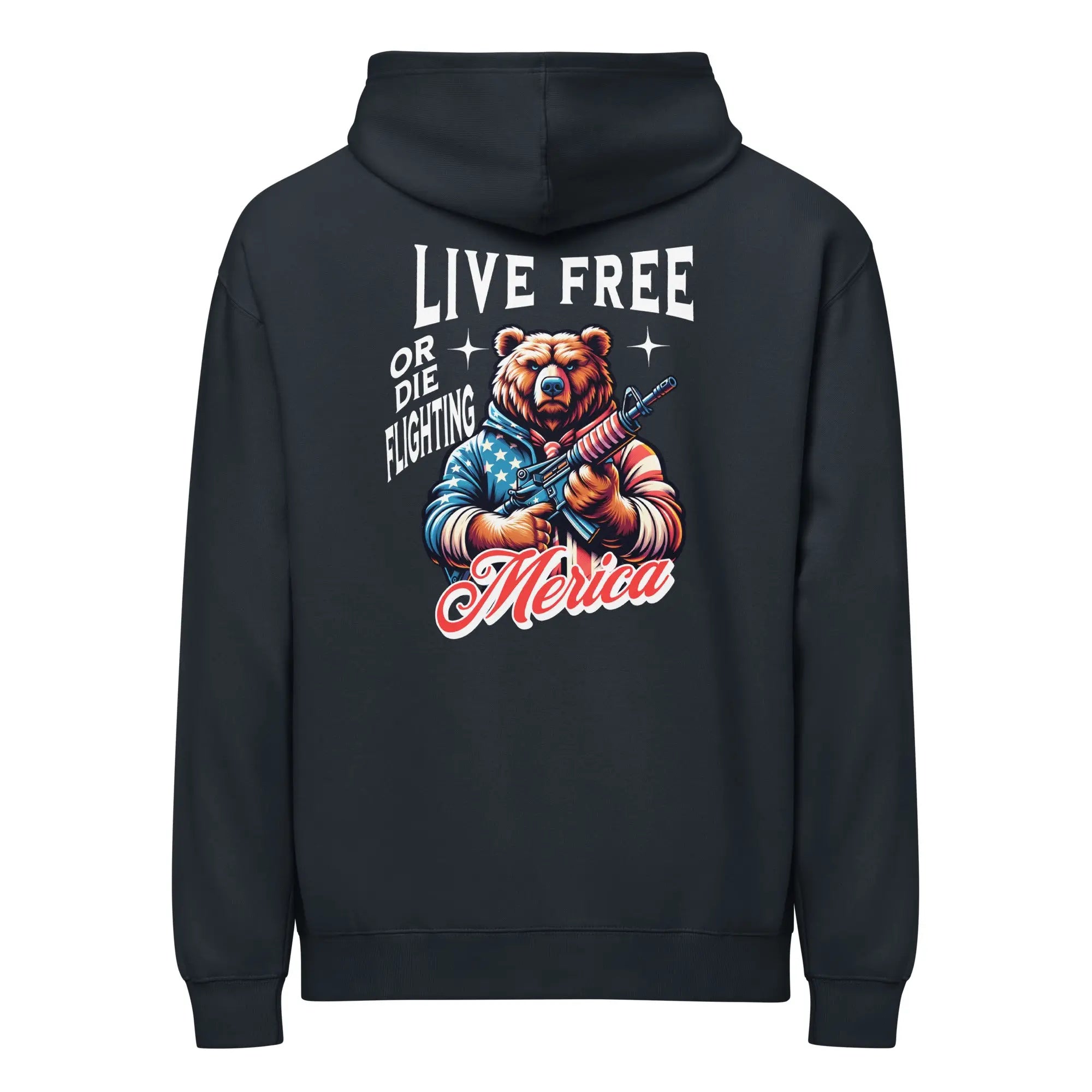Back of men's navy patriotic hoodie with a bear holding a gun and "live free or die fighting" text