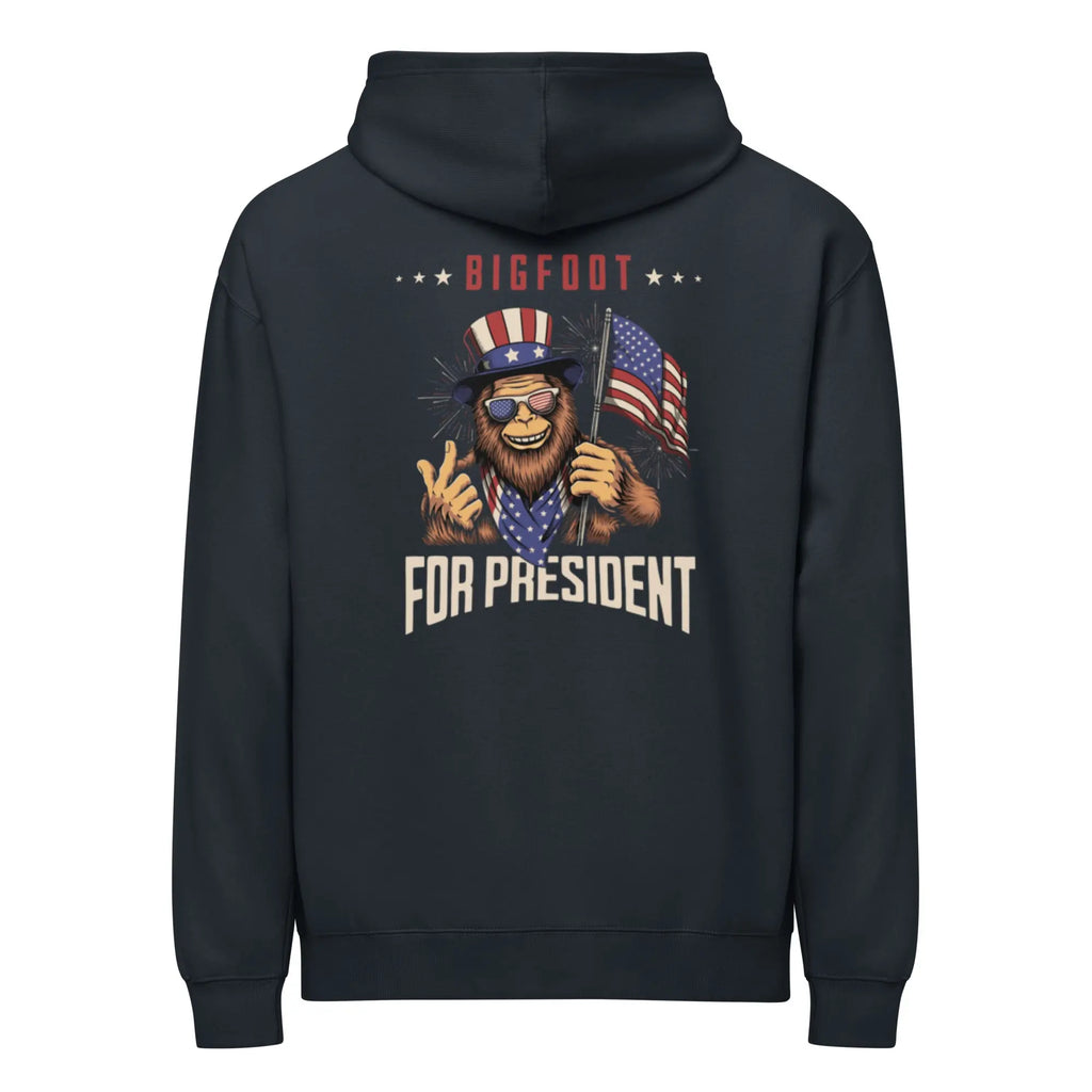 Back of men's navy patriotic hoodie with Bigfoot and "Bigfoot for president" text