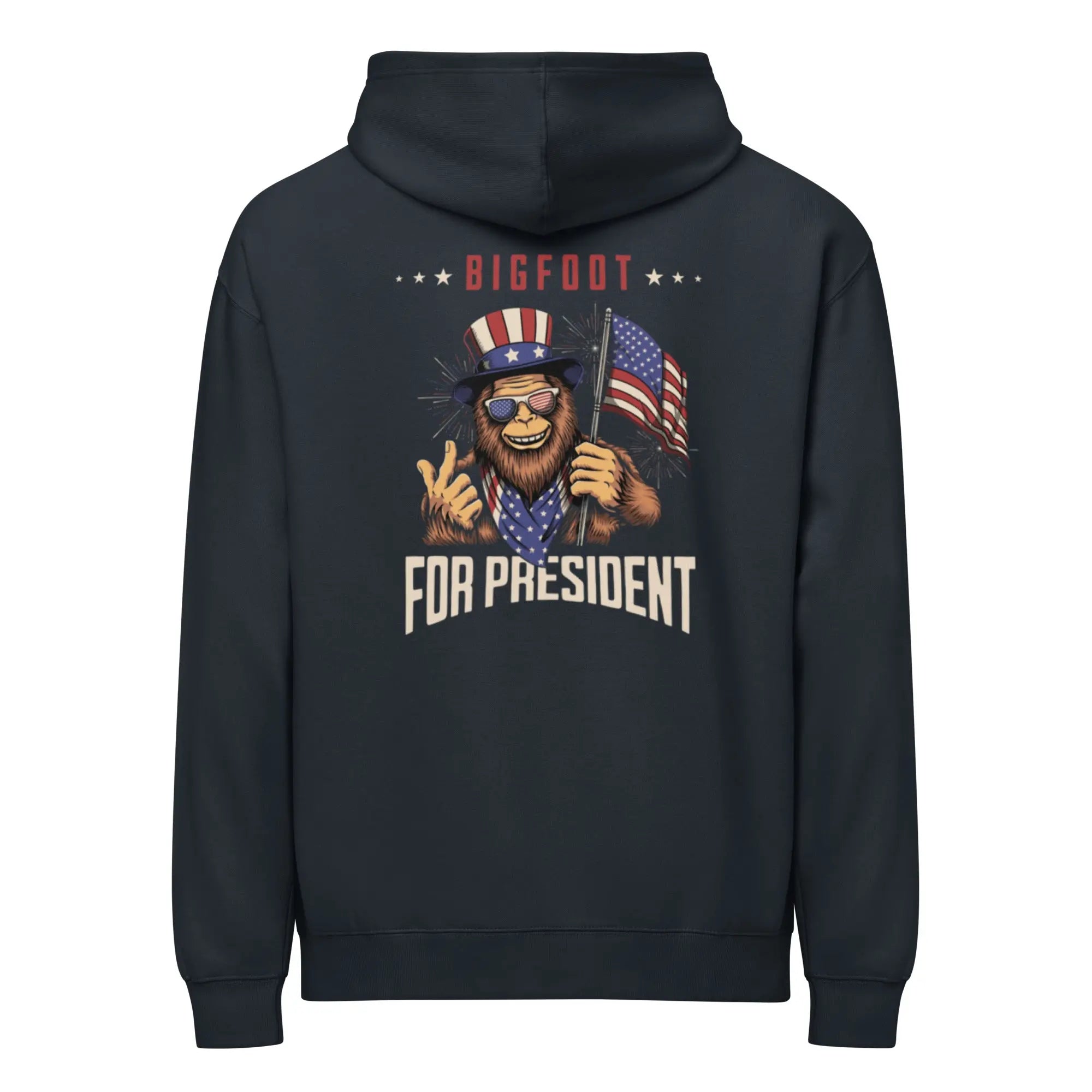 Back of men's navy patriotic hoodie with Bigfoot and "Bigfoot for president" text