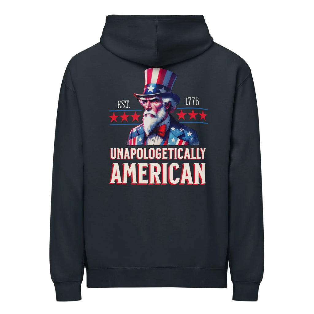 Back of men's navy patriotic hoodie with uncle Sam and "Unapologetically American" text