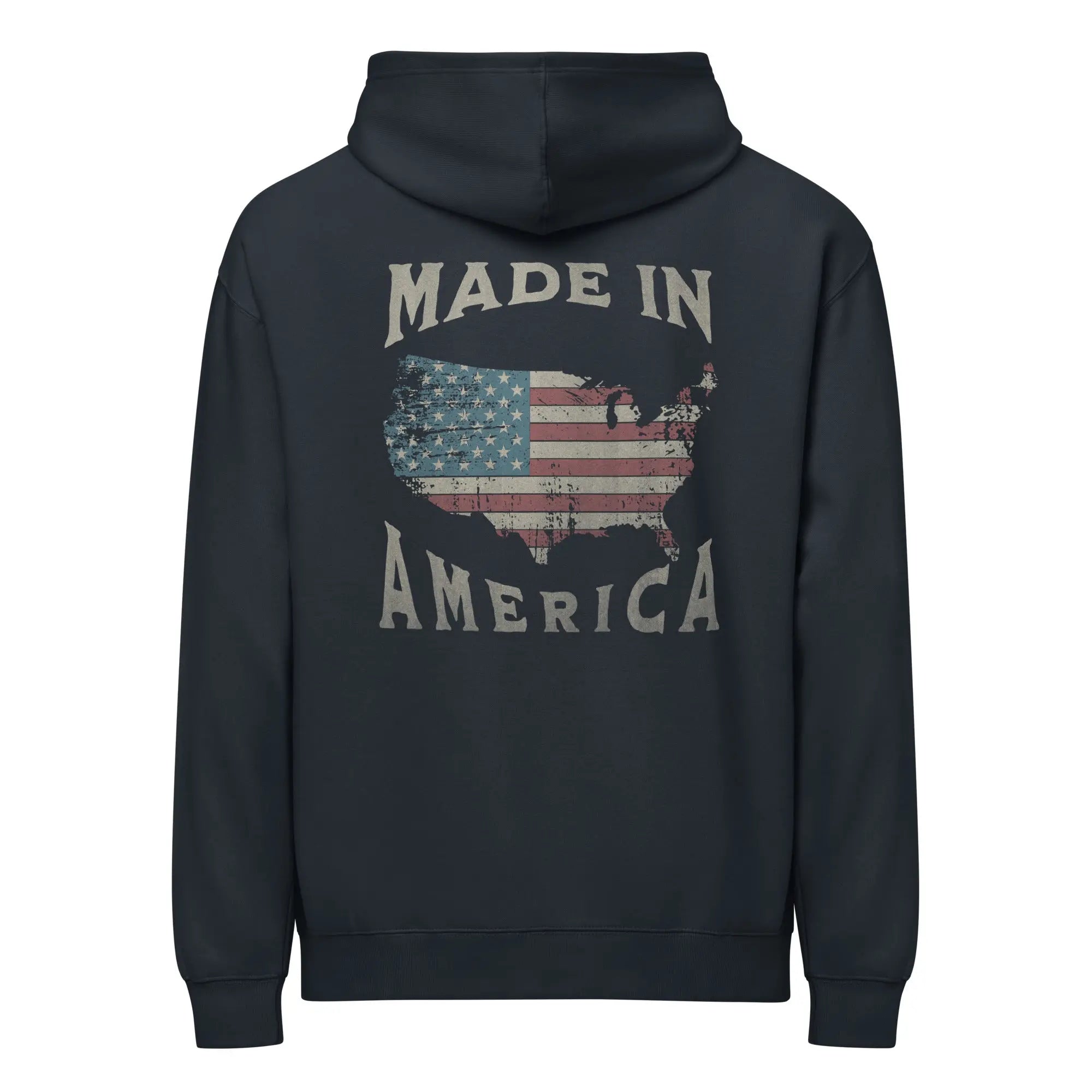 Back of men's navy patriotic hoodie with a silhouette of an American and "Made in America" text