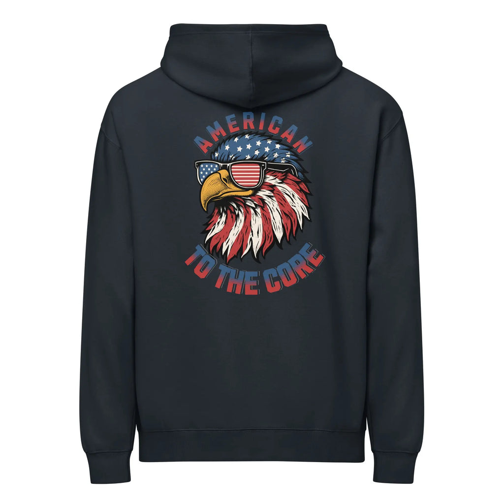 Back of men's navy patriotic hoodie with an eagle head and "American to the core" text
