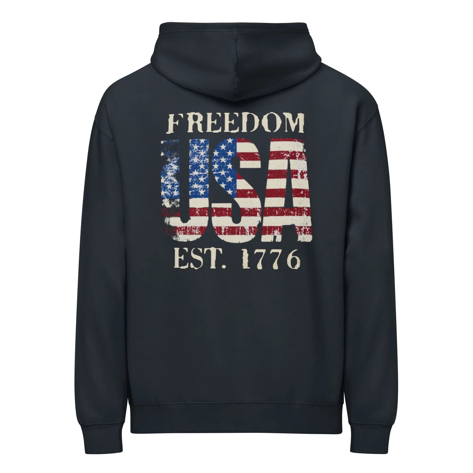 Back of men's navy patriotic hoodie with an USA flag and "Freedom Est. 1776" text