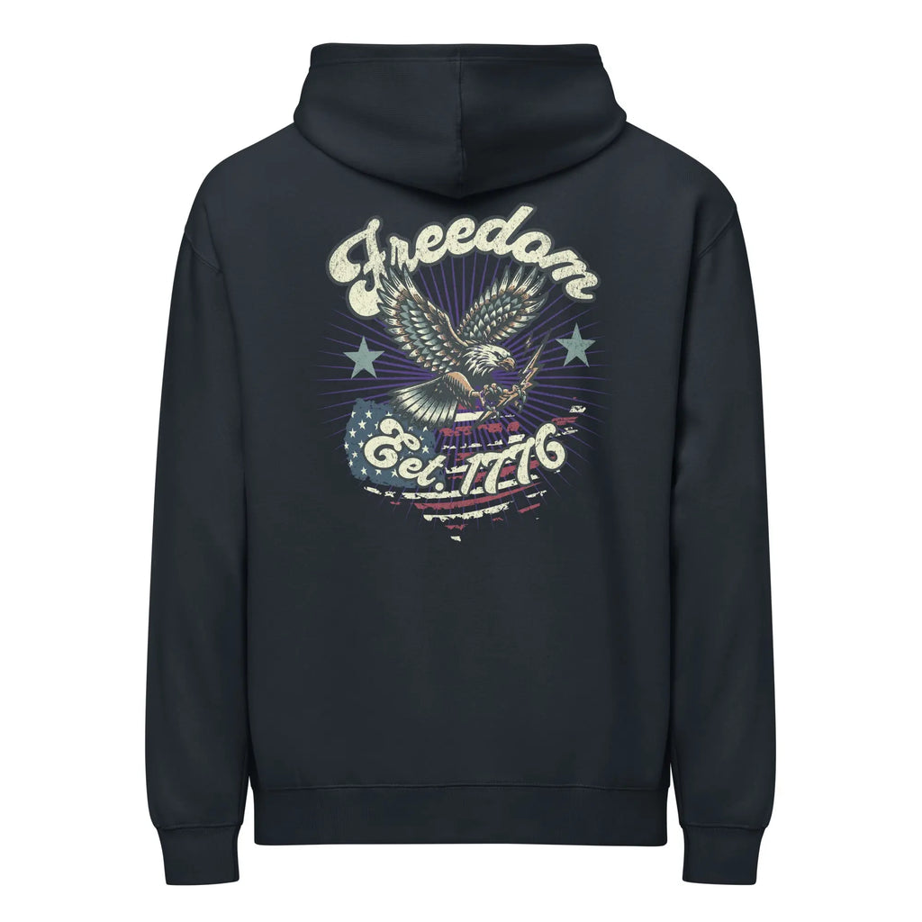 Back of men's navy patriotic hoodie with an eagle over the flag and "Freedom Est. 1776" text