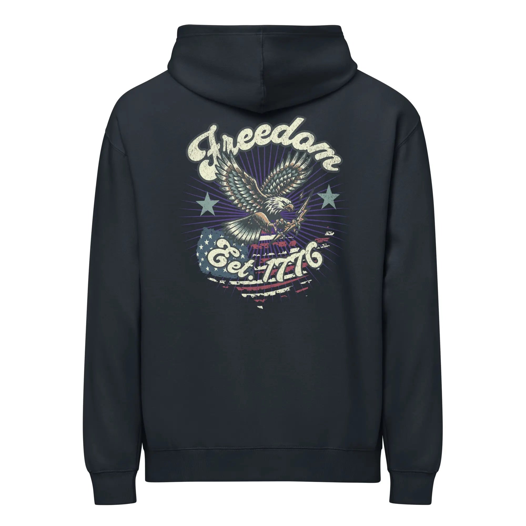 Back of men's navy patriotic hoodie with an eagle over the flag and "Freedom Est. 1776" text