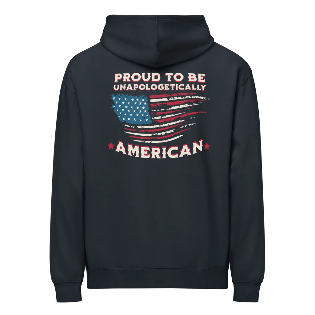 Back of navy men's patriotic hoodie with American Flag and  "proud to be unapologetically American" text