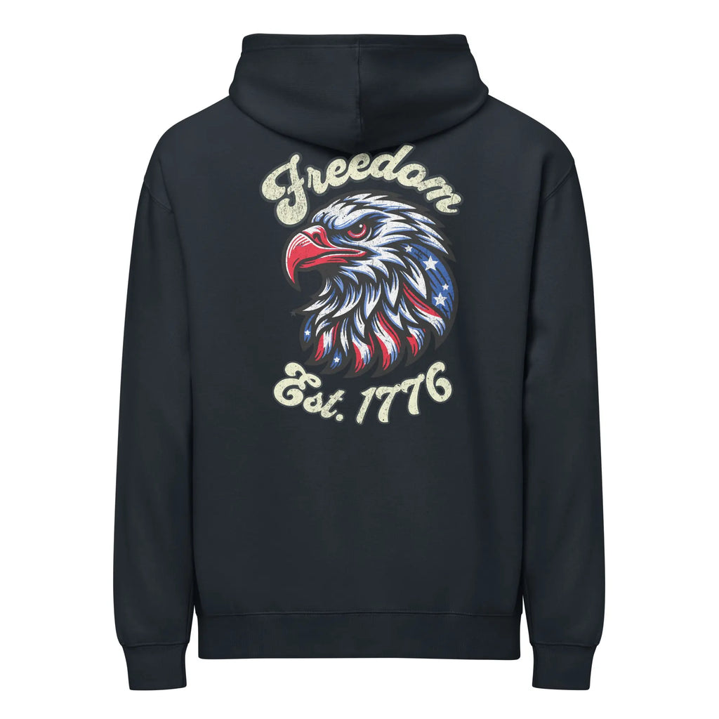 Back of man wearing a navy patriotic hoodie with an eagle head and "Freedom Est. 1776" text.
