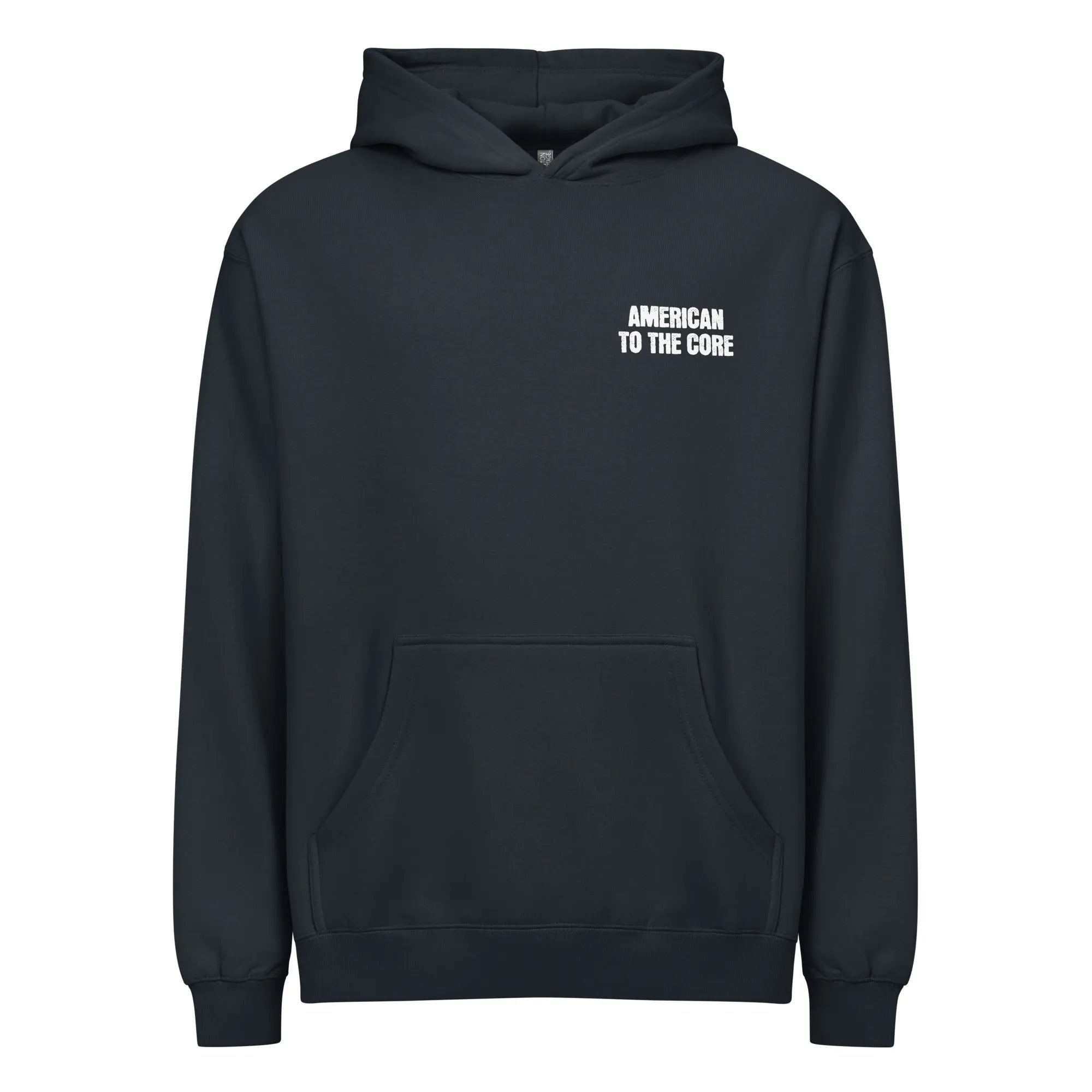 Men's navy patriotic hoodie with the text "American to the core" 