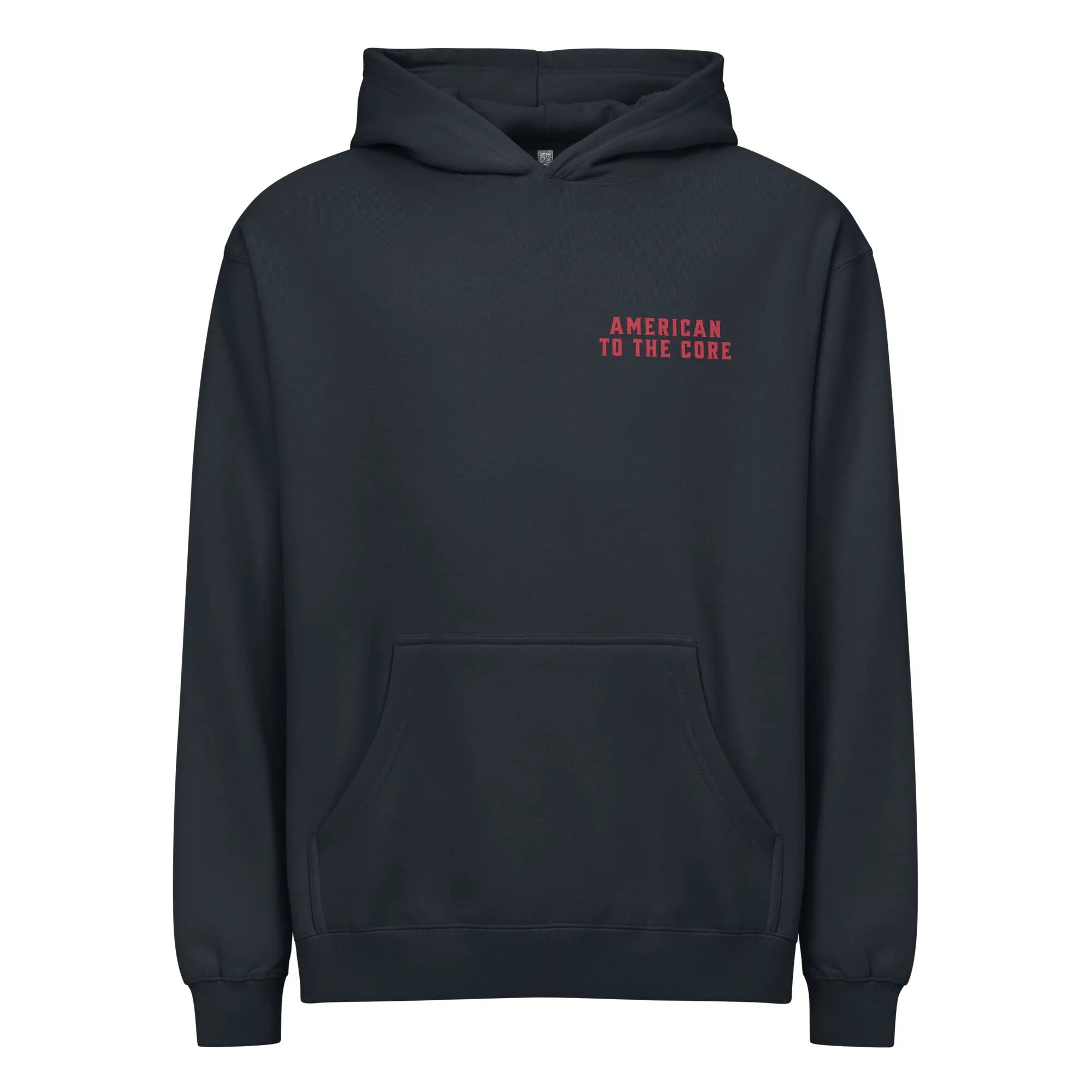 Men's navy patriotic hoodie with the text "American to the core"