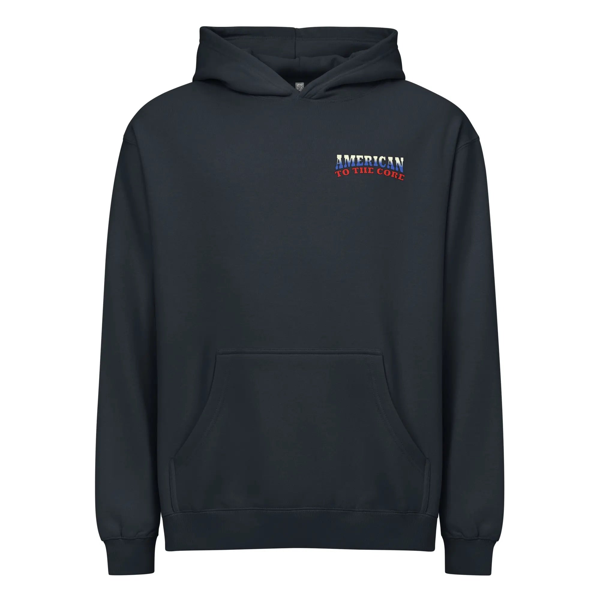 Men's blue patriotic hoodie with "American to the core" text in Red, white and blue