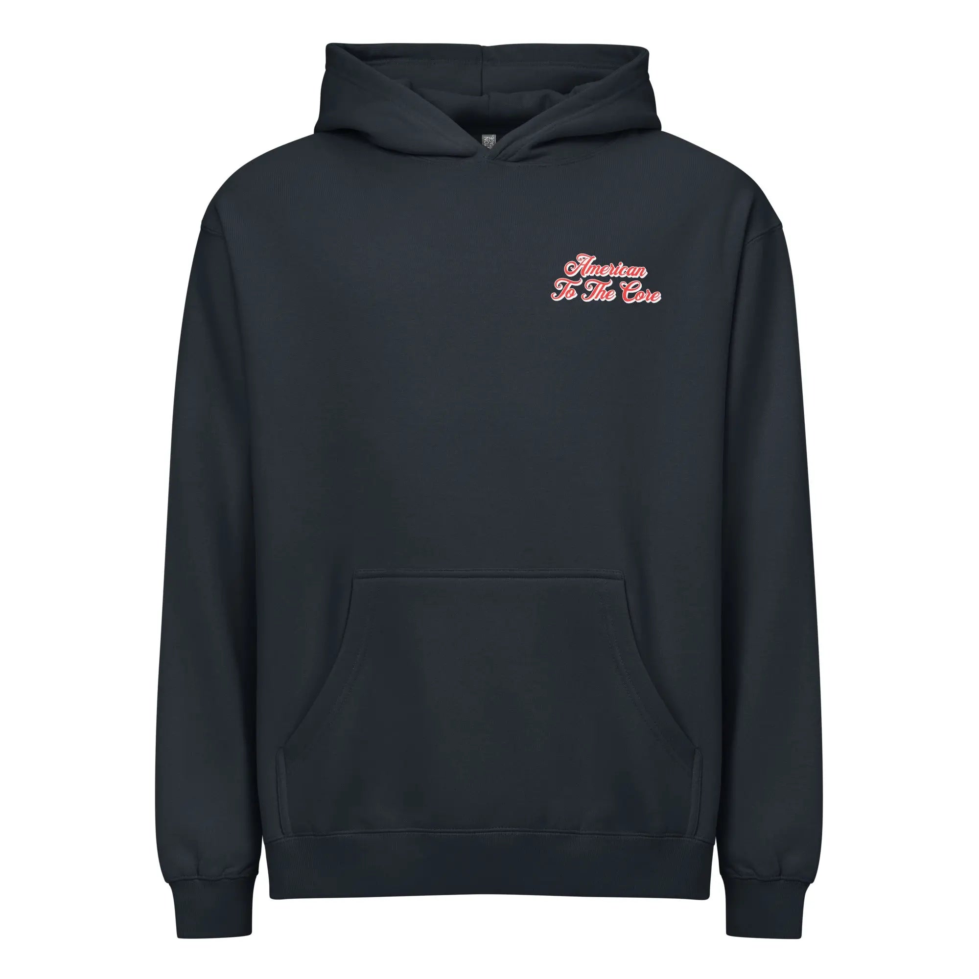 Men's vintage navy patriotic hoodie with "American to the core" text