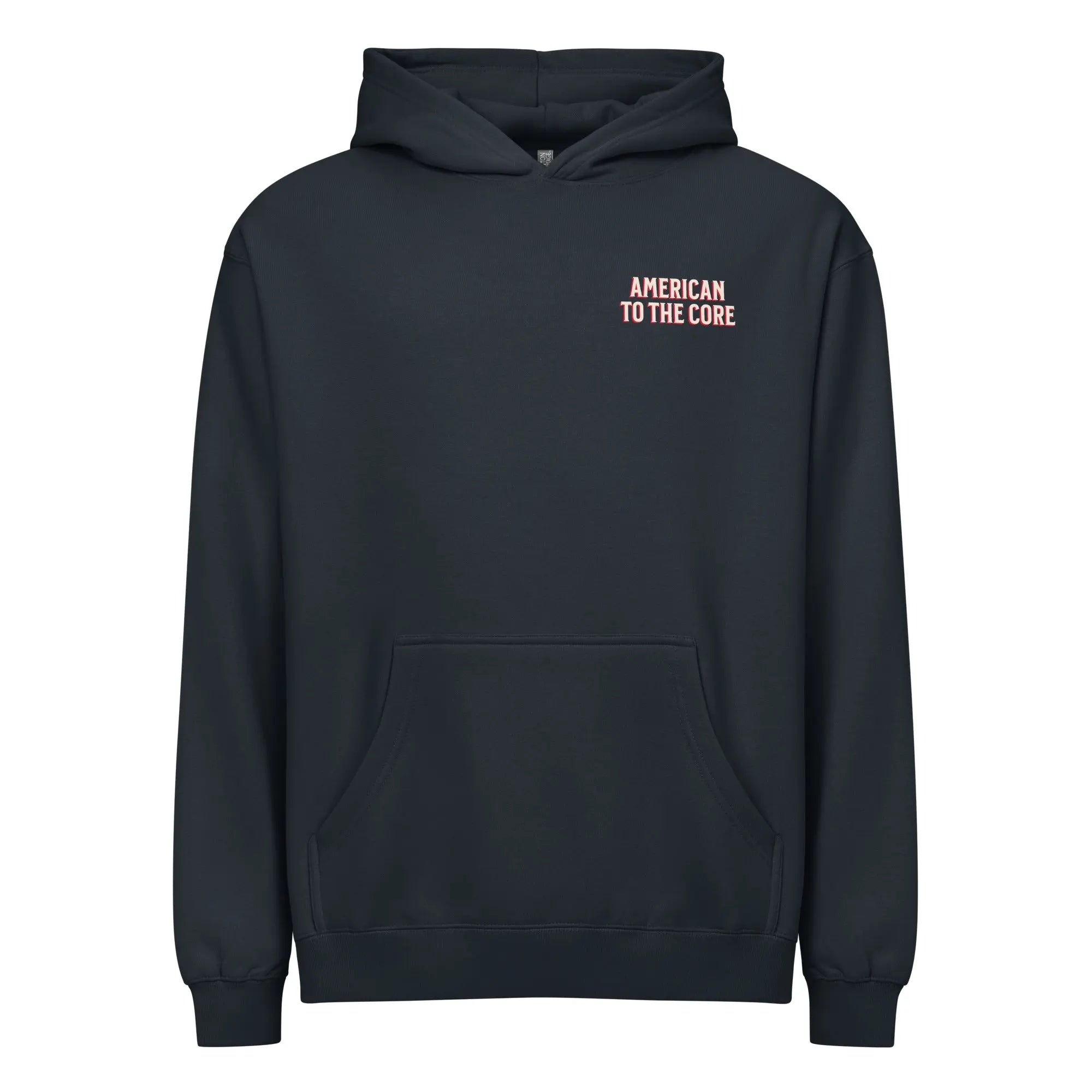 Men's navy patriotic hoodie with "American to the core" text