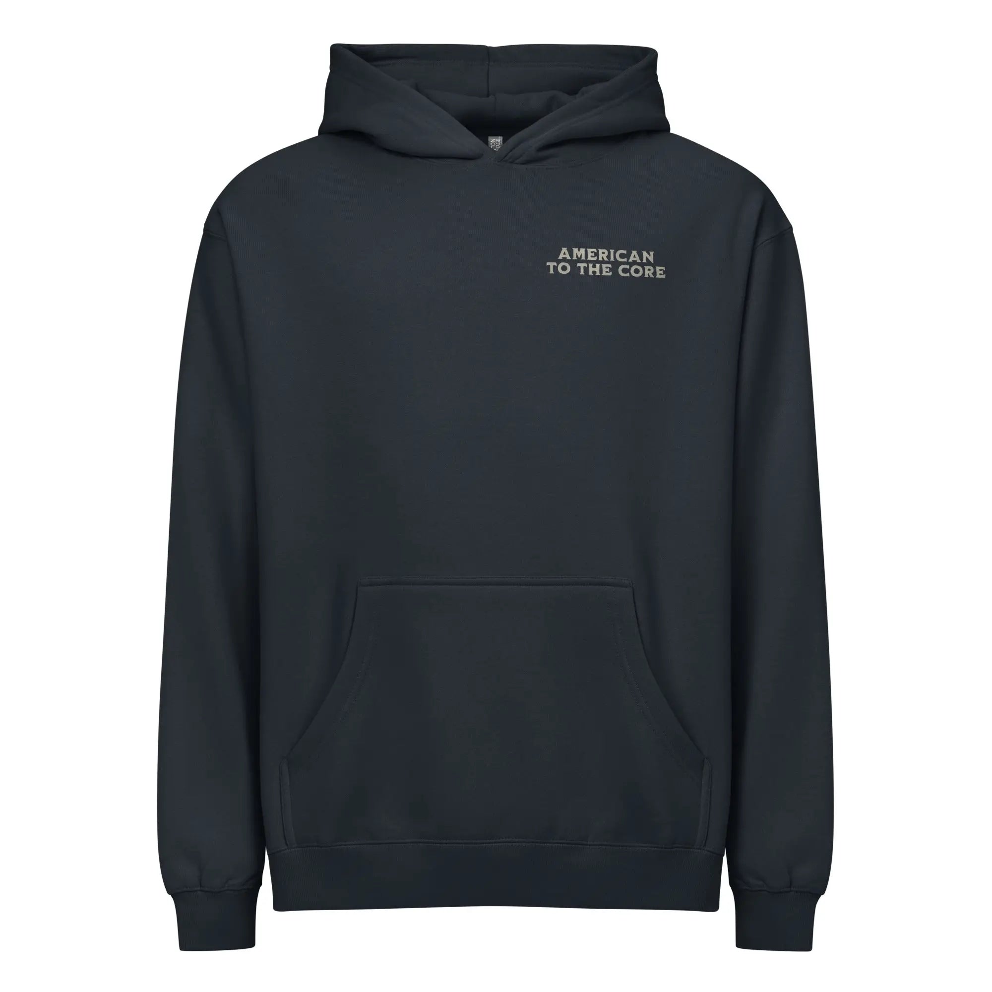 Men's vintage navy patriotic hoodie with "American to the core" text