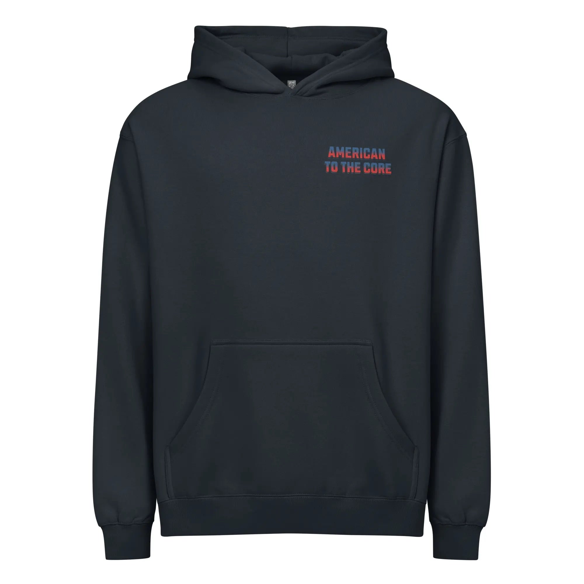Men's Navy patriotic hoodie with "American To The Core" text in red and blue.