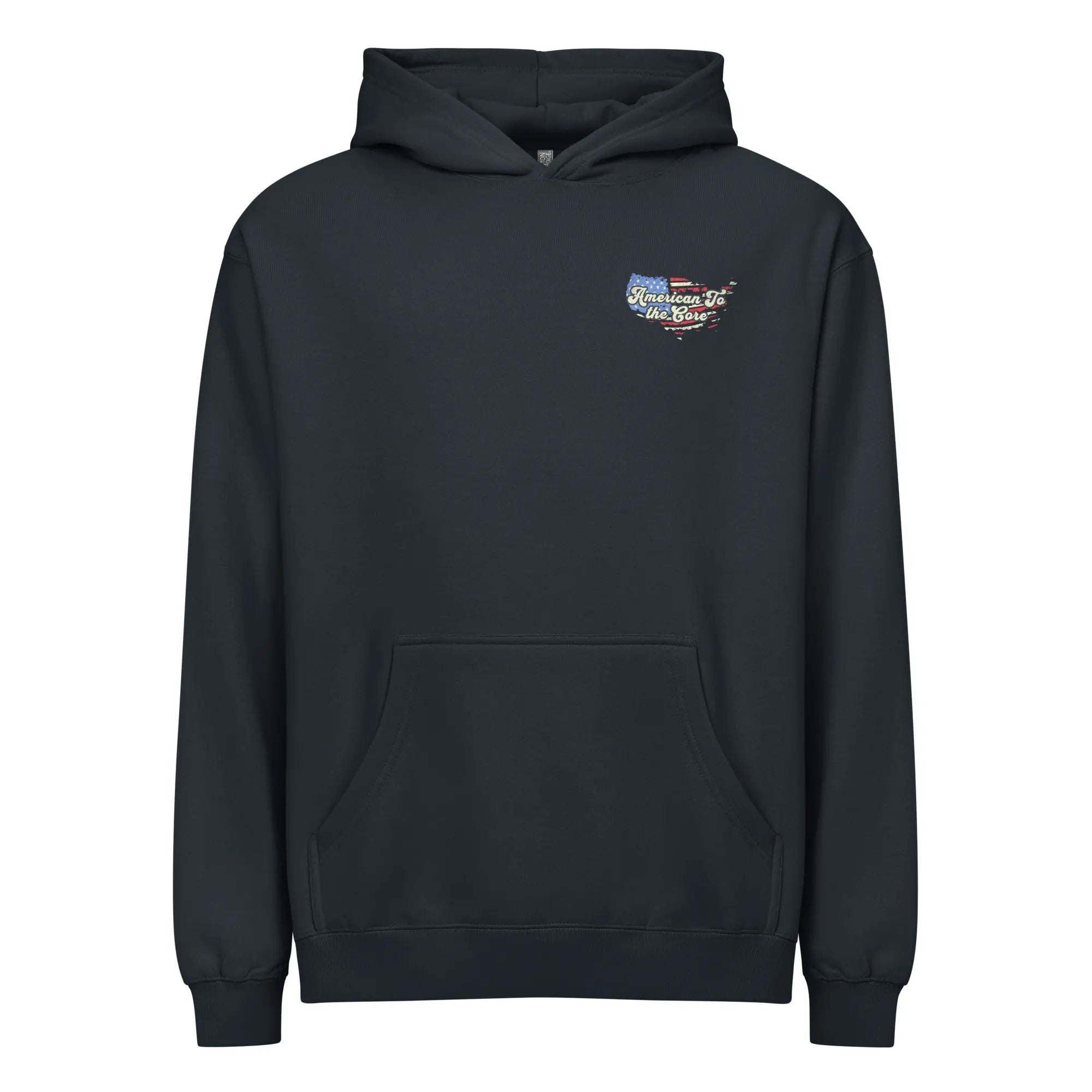 Men's navy patriotic hoodie with "America to the core" text