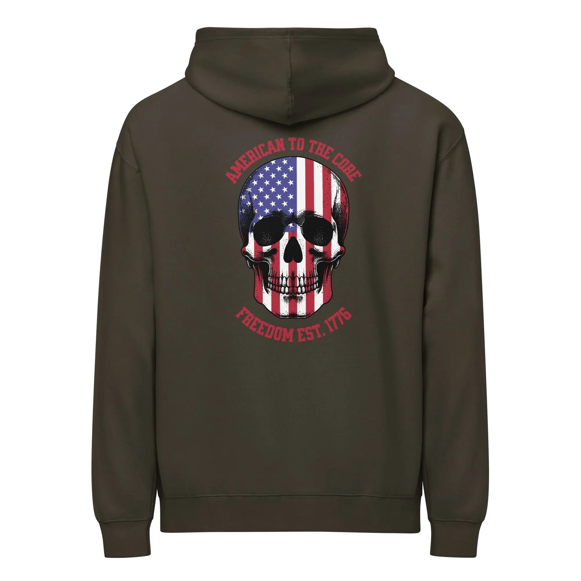 Back of a men's vintage black patriotic hoodie with a skull and the text "American to the core. Freedom est. 1776." 