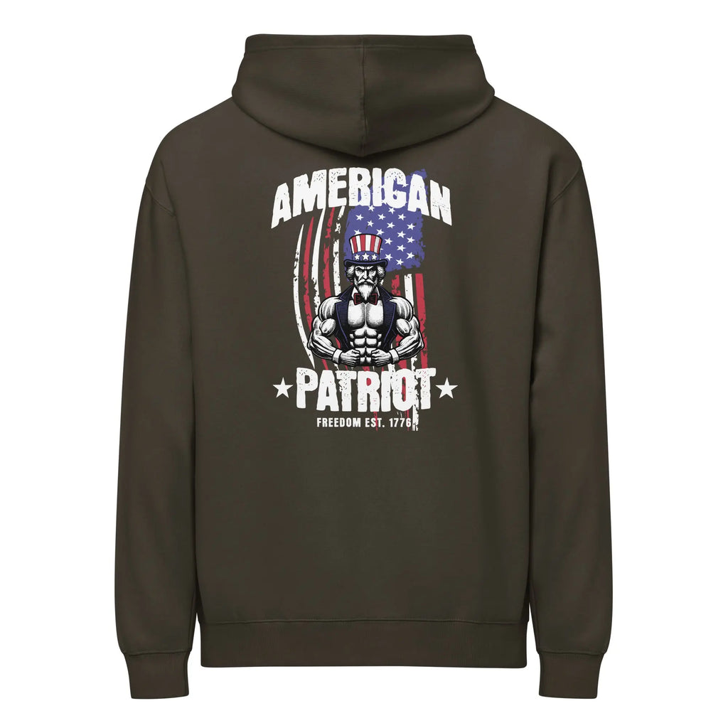 Back of men's vintage black patriotic hoodie with uncle Sam and the text "American patriot." 