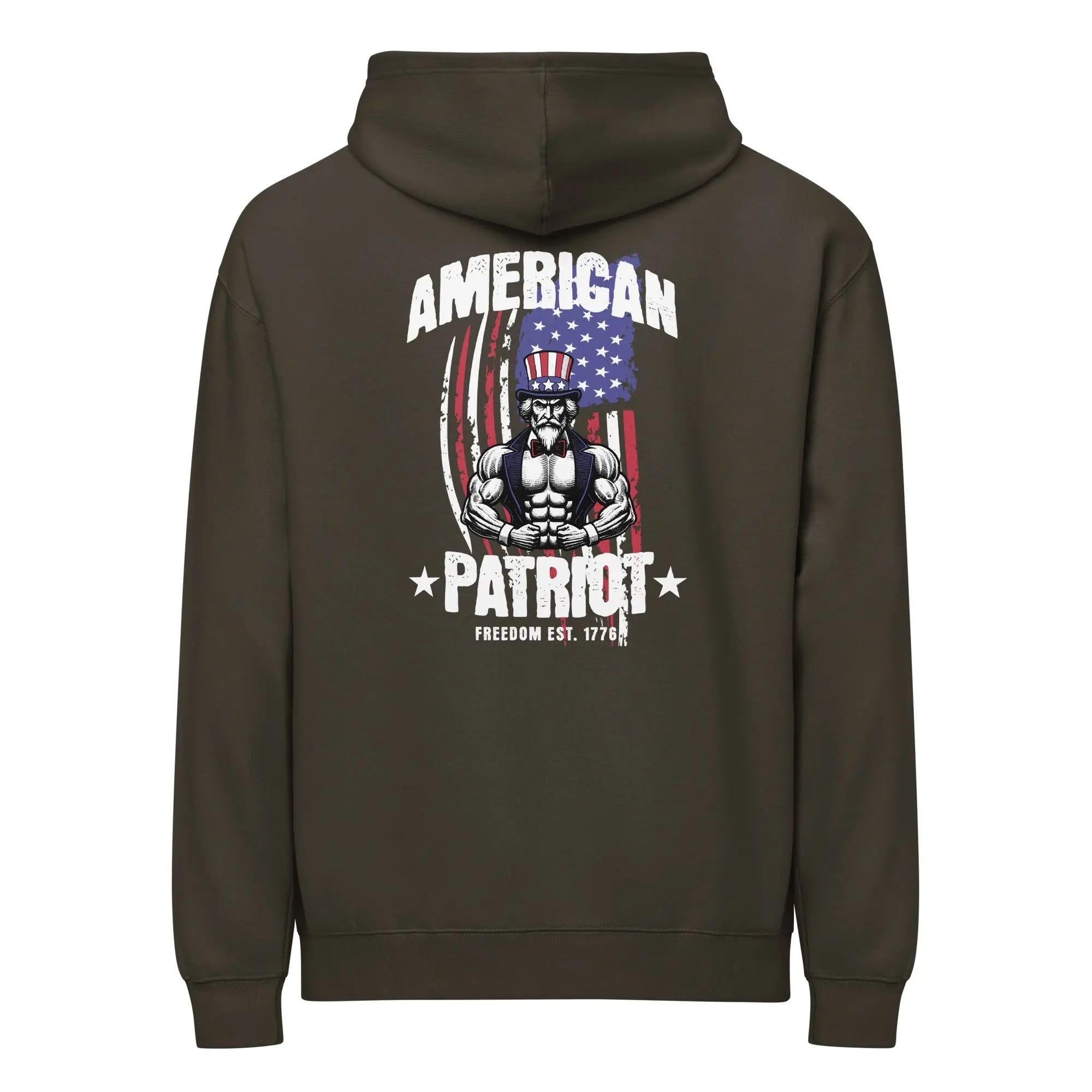 Back of men's vintage black patriotic hoodie with uncle Sam and the text "American patriot." 