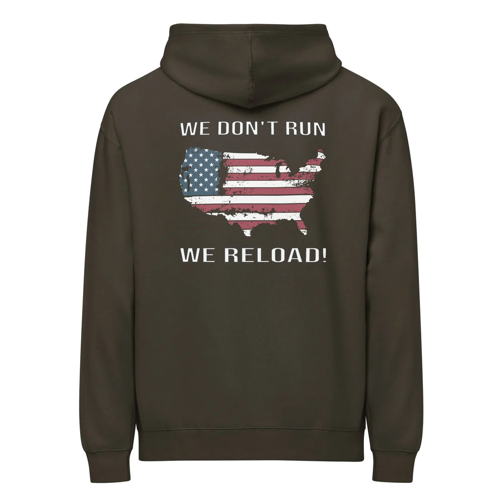 Back of men's vintage black patriotic hoodie with a silhouette of America with the flag in it and the text "We don't run, we reload." 