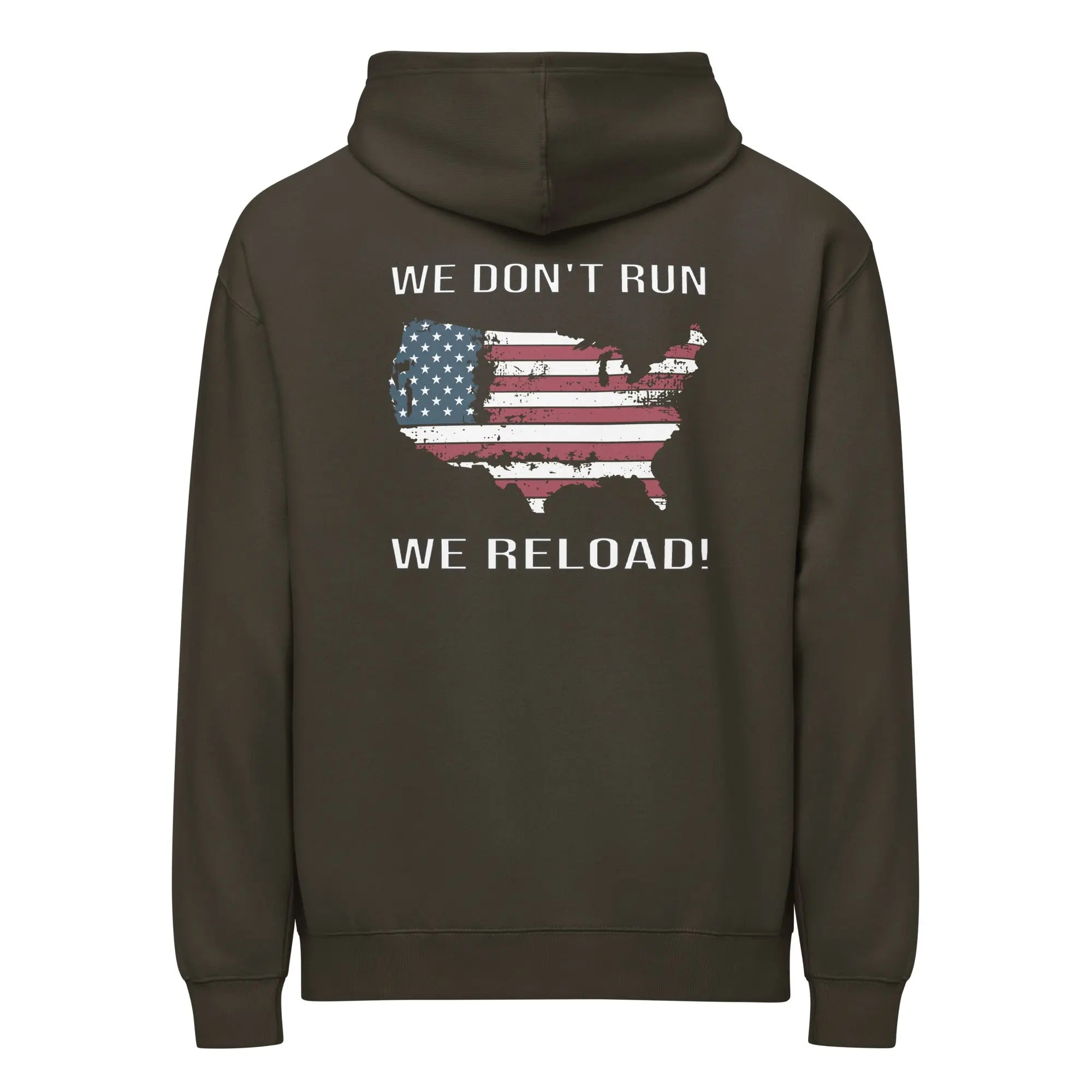 Back of men's vintage black patriotic hoodie with a silhouette of America with the flag in it and the text "We don't run, we reload." 