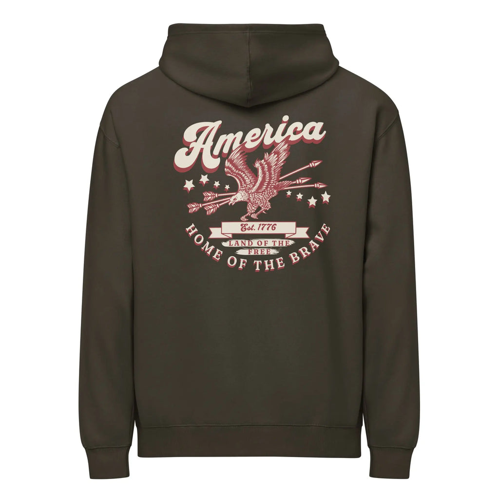 Back of men's vintage black patriotic hoodie with an eagle and the text "America: home of the brave." 