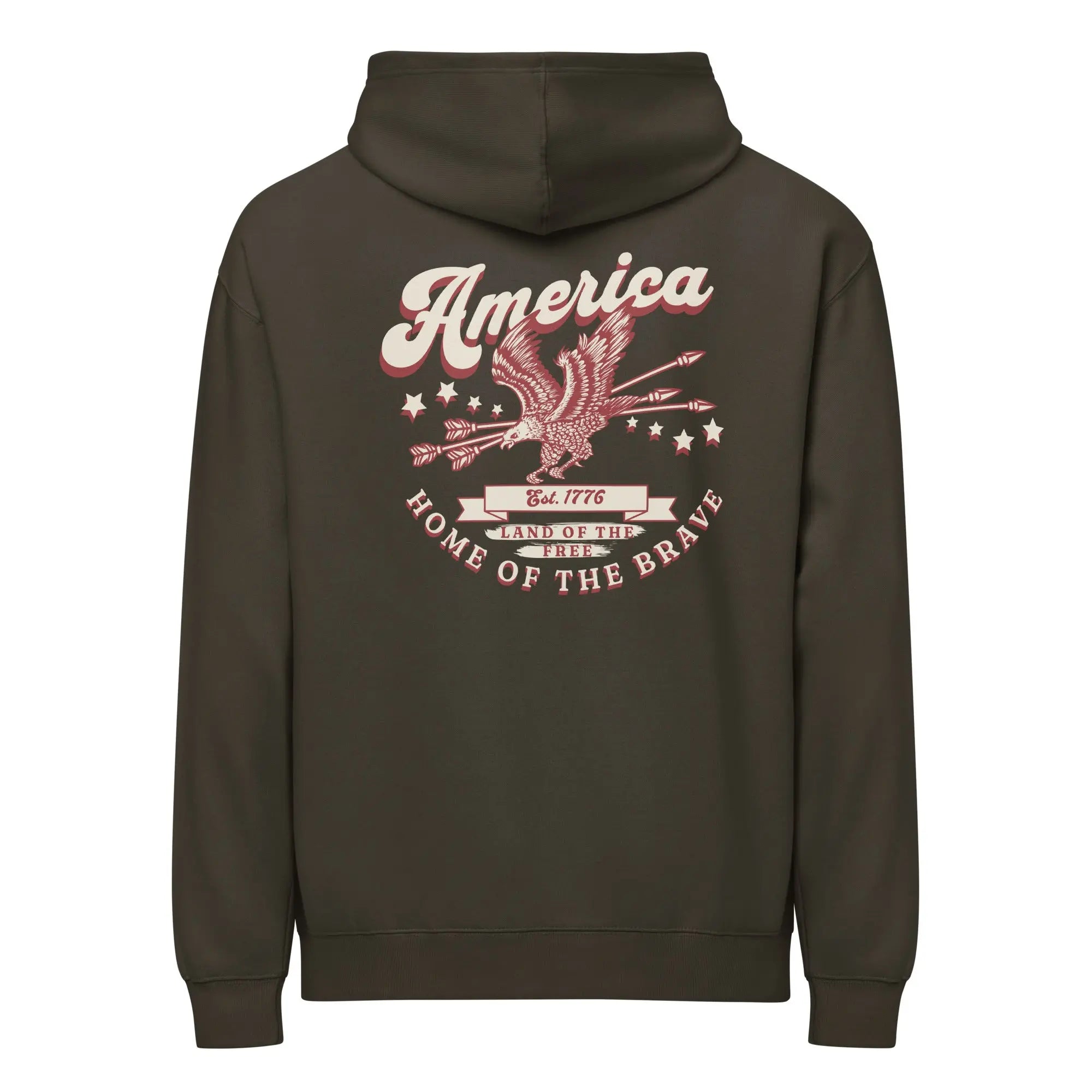 Back of men's vintage black patriotic hoodie with an eagle and the text "America: home of the brave." 