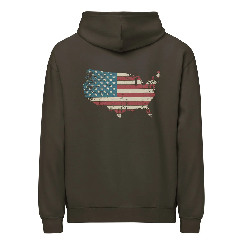 Back of men's vintage black patriotic hoodie with the silhouette of America with the flag in it. 